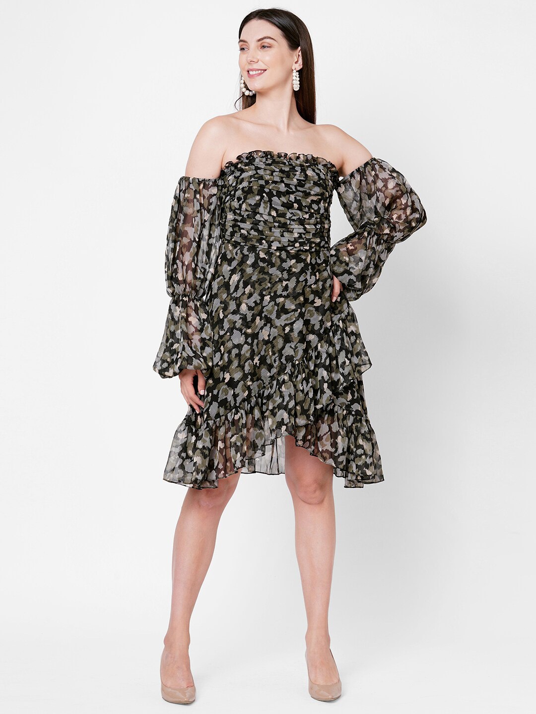 

POPPI Multicoloured Animal Off-Shoulder Georgette Dress, Multi