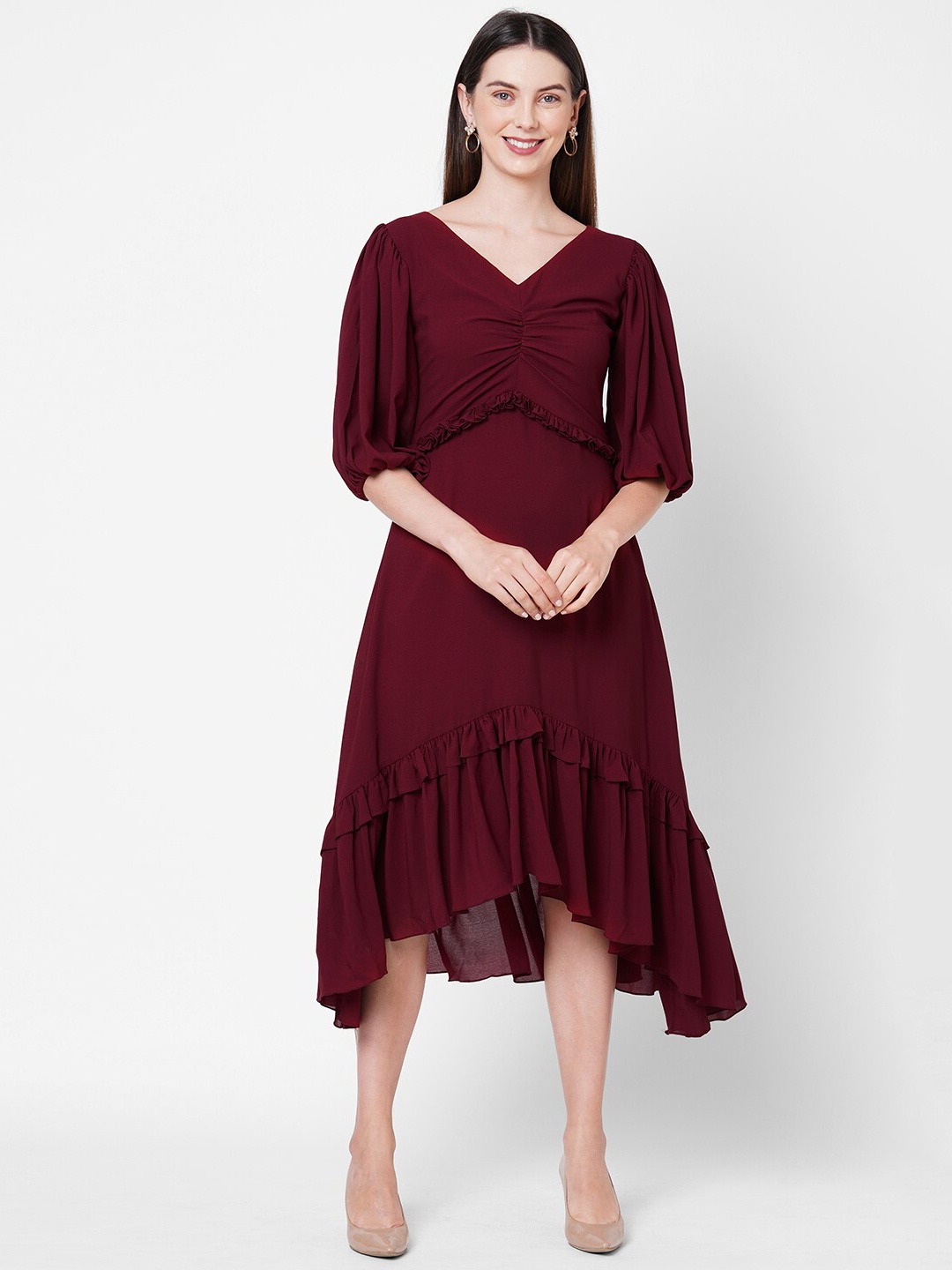 

POPPI Maroon Georgette Midi Dress