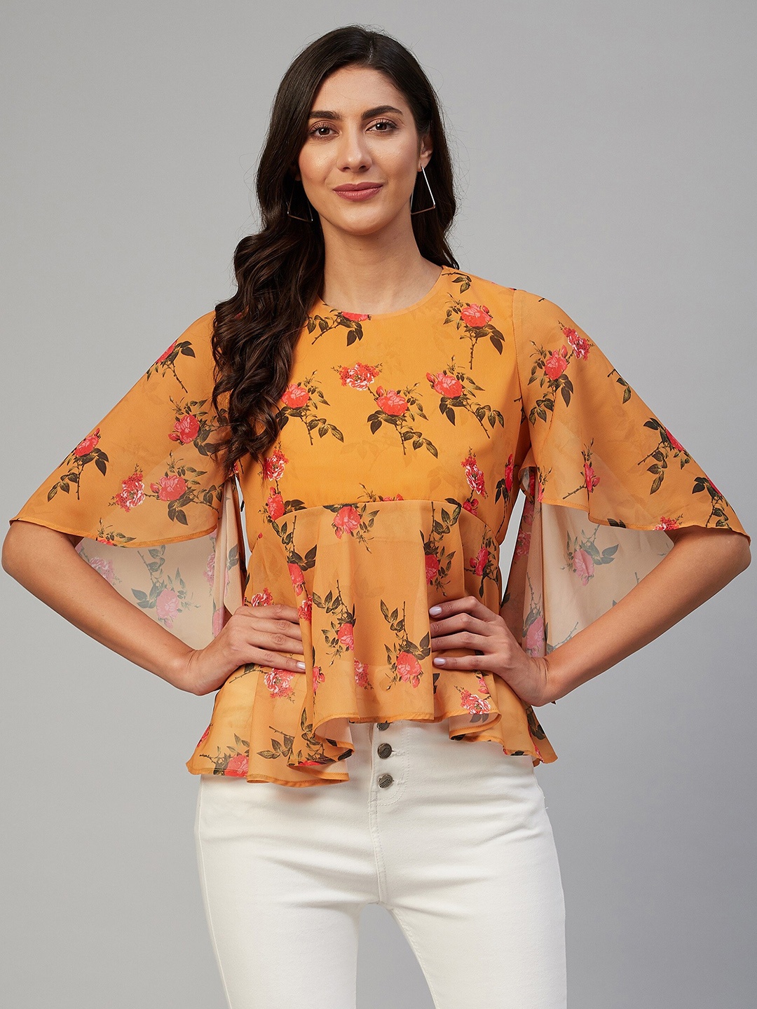 

Orchid Blues Mustard Yellow Floral Georgette Peplum Top