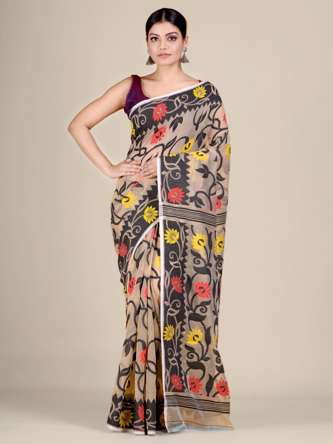 

Mitera Beige & Black Woven Design Silk Cotton Jamdani Saree