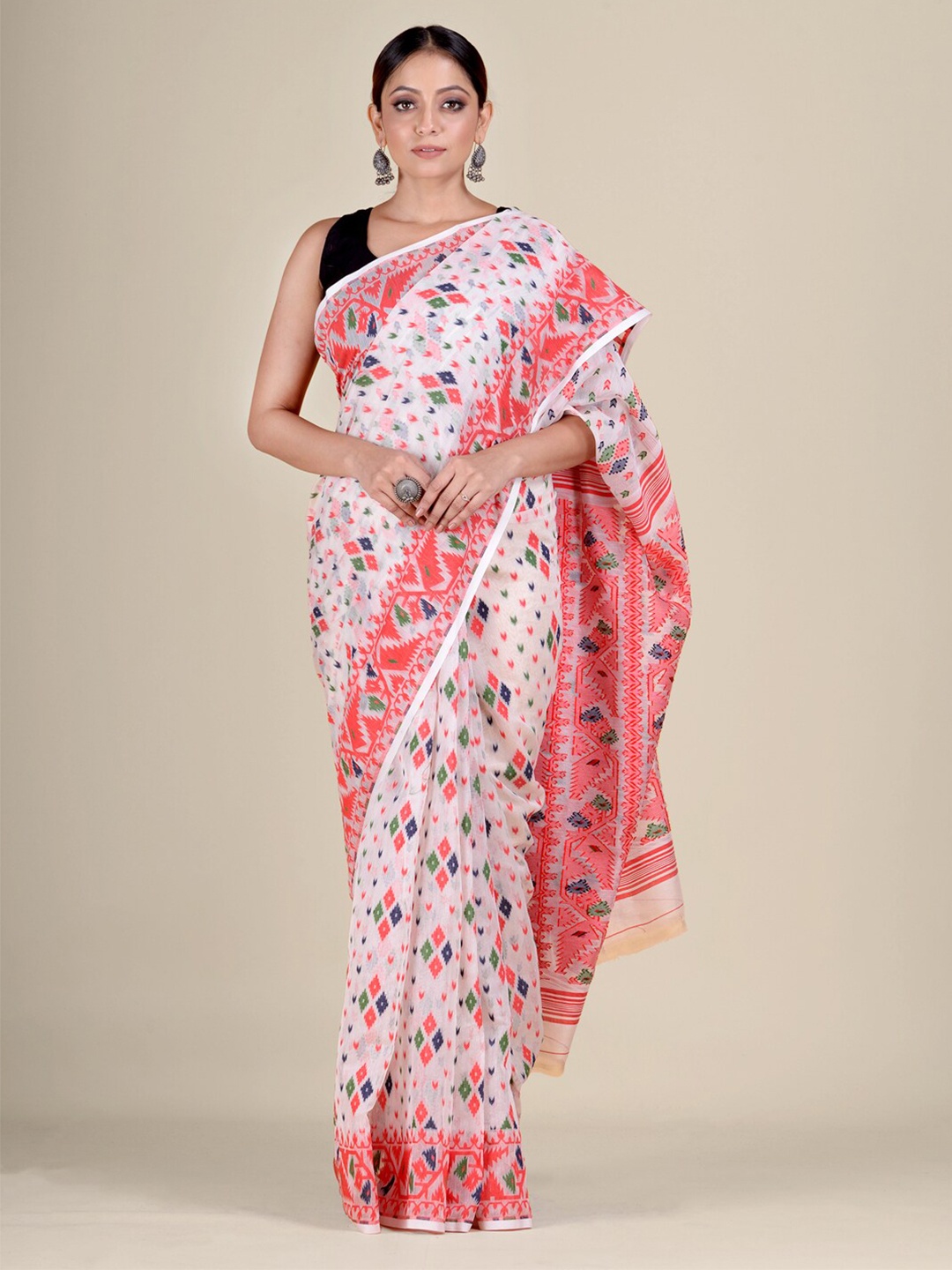 

Mitera White & Orange Silk Cotton Jamdani Saree