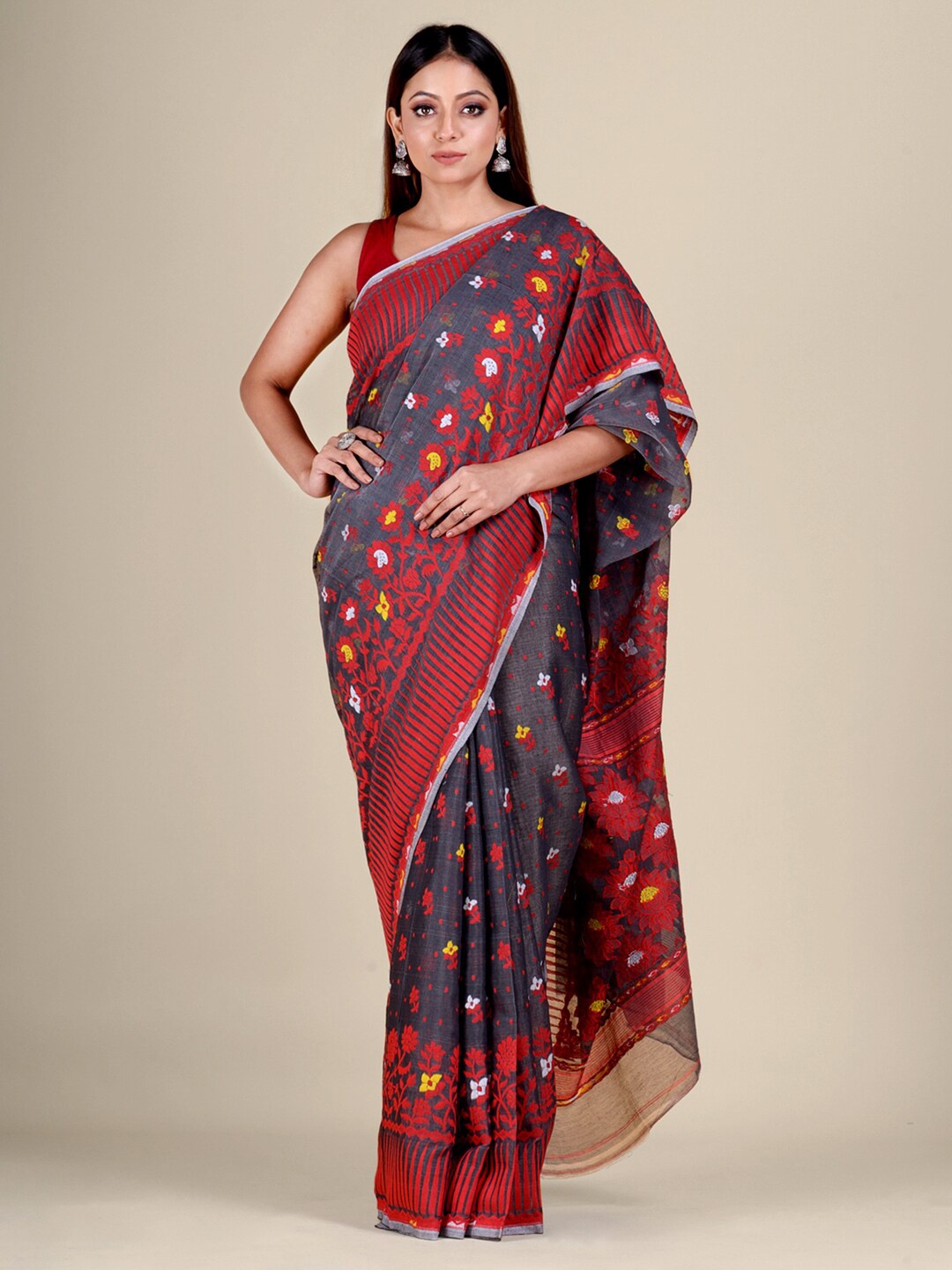 

Mitera Grey & Red Floral Silk Cotton Jamdani Saree
