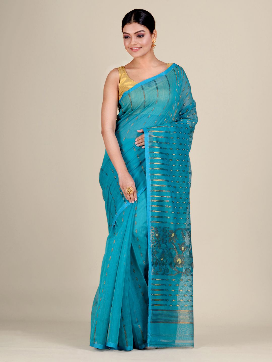

Mitera Sea Green & Gold-Toned Woven Design Silk Cotton Jamdani Saree