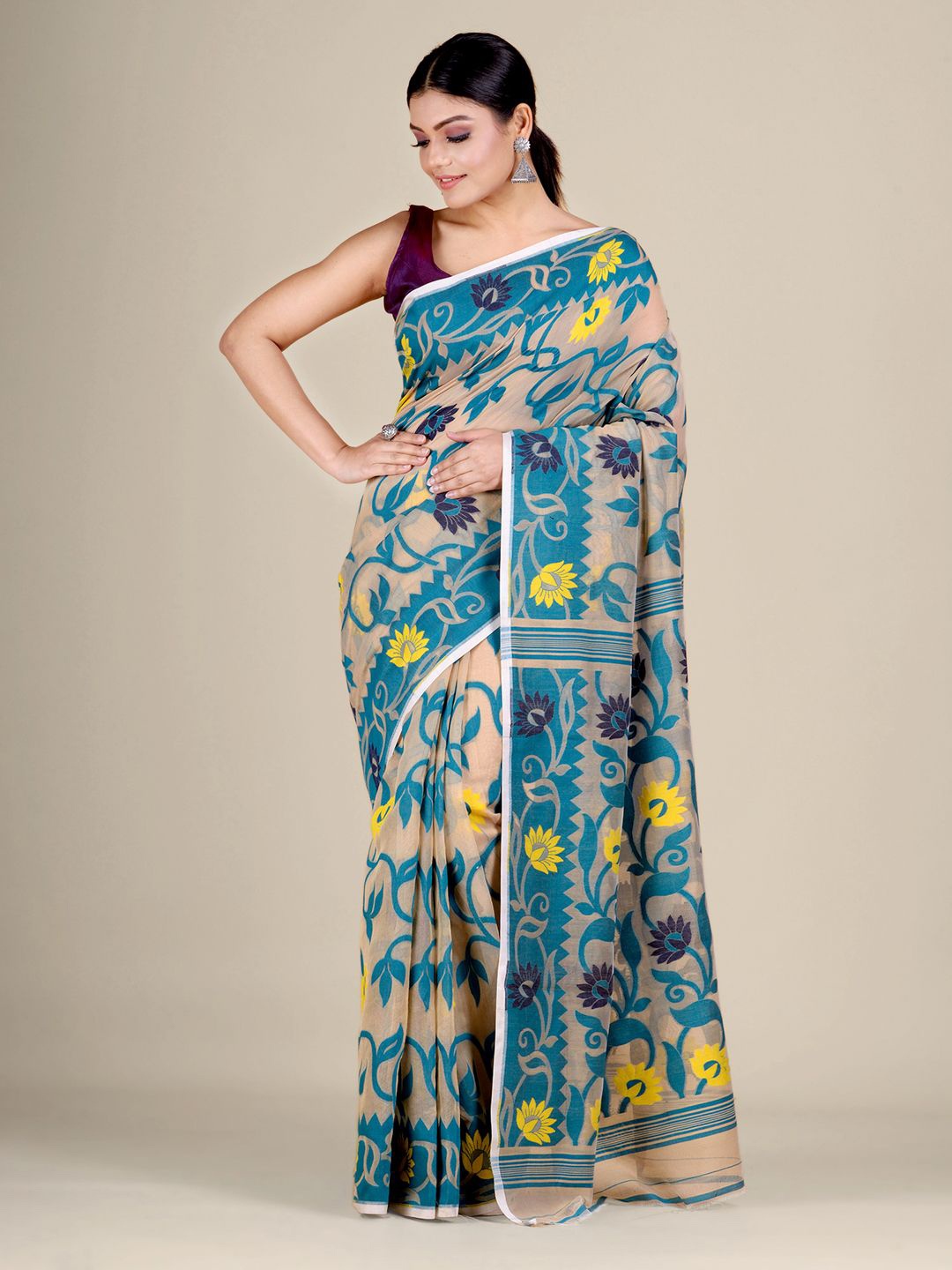 

Mitera Cream-Coloured & Teal Floral Silk Cotton Jamdani Saree