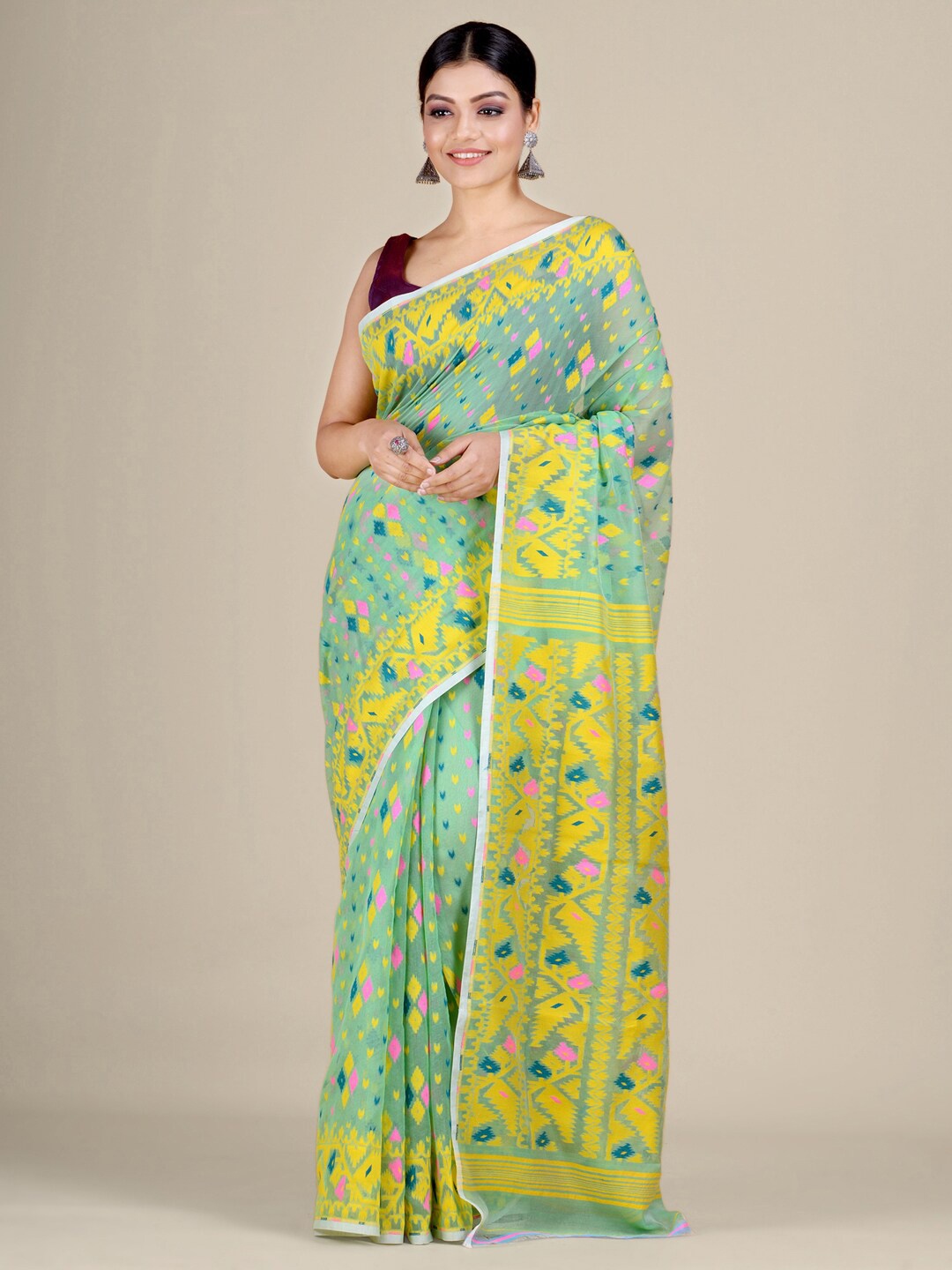 

Mitera Green & Yellow Ethnic Motifs Silk Cotton Jamdani Saree