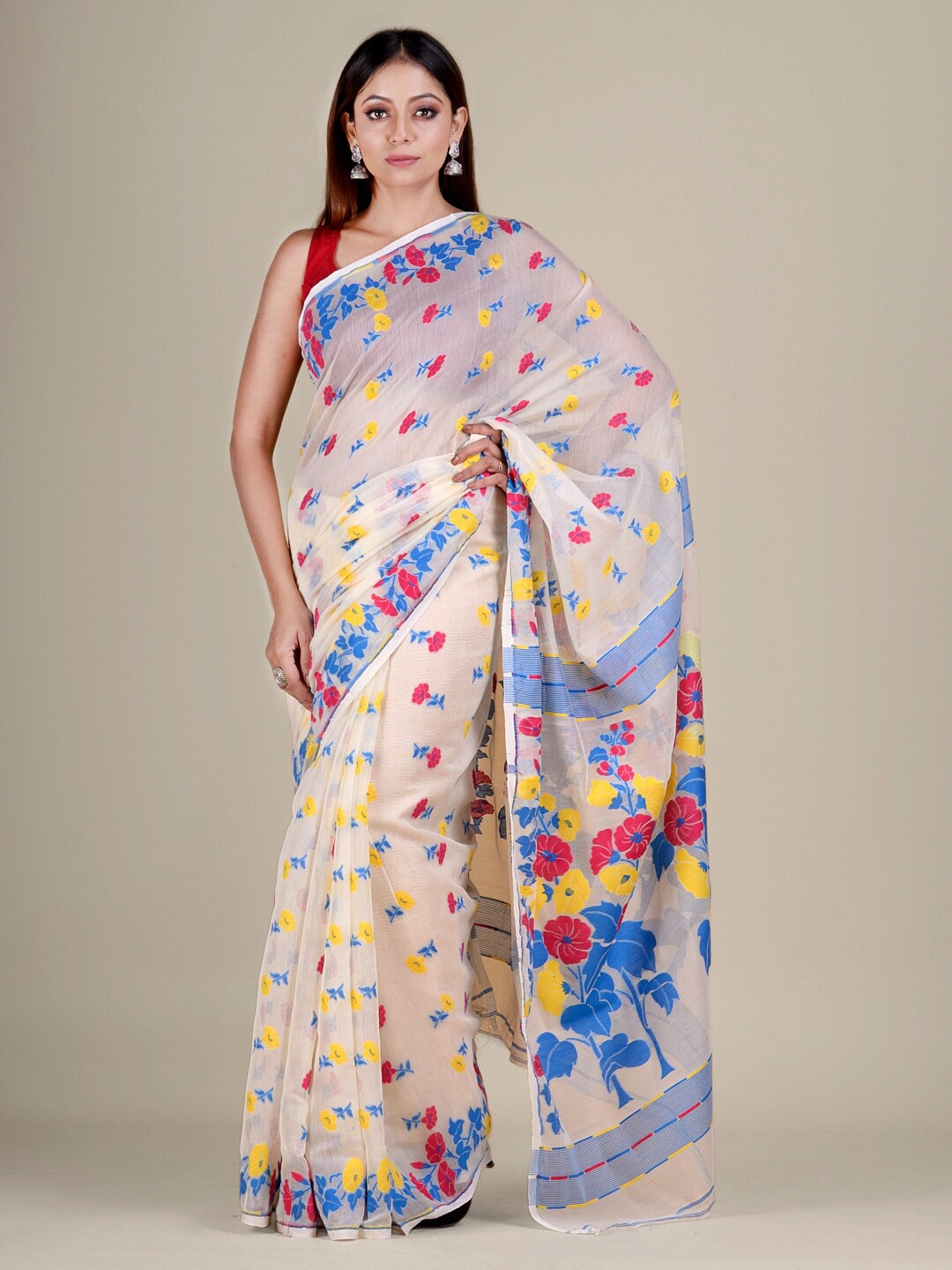 

Mitera Cream-Coloured & Blue Floral Silk Cotton Jamdani Saree
