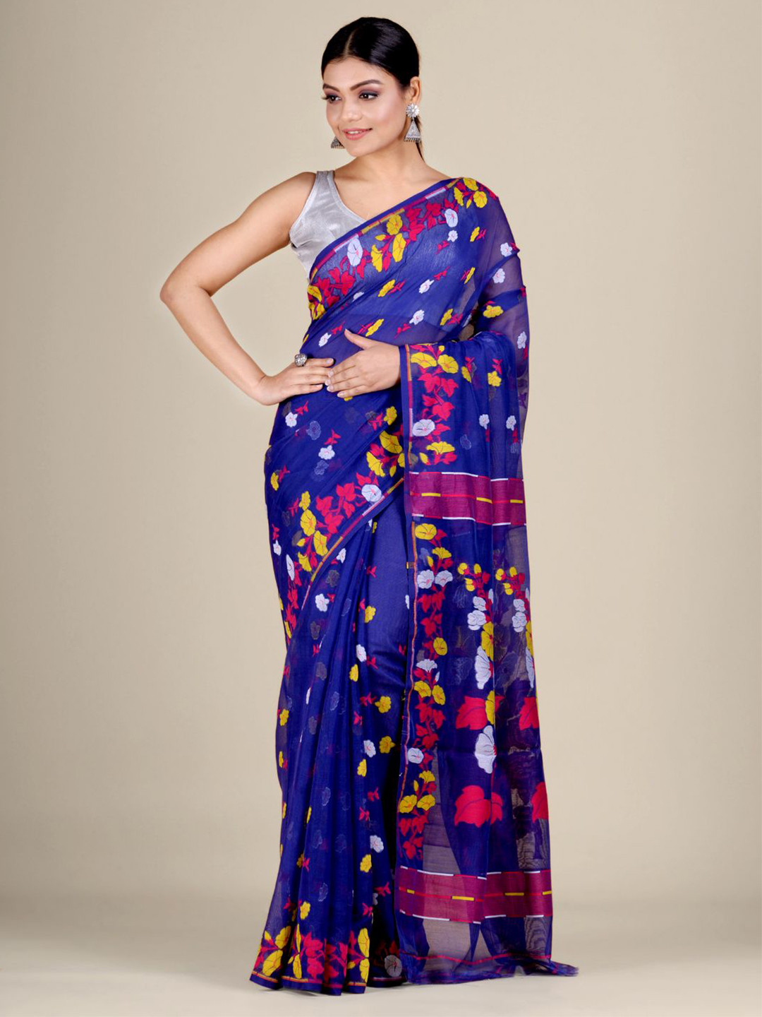 

Mitera Blue & Pink Ethnic Motifs Silk Cotton Jamdani Saree