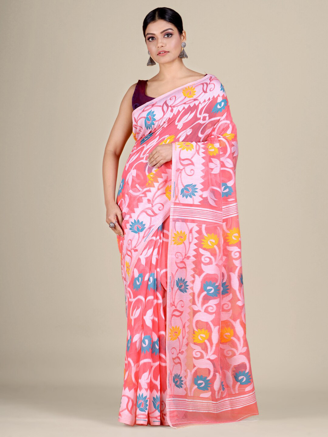 

Mitera Pink & Yellow Paisley Silk Cotton Jamdani Saree