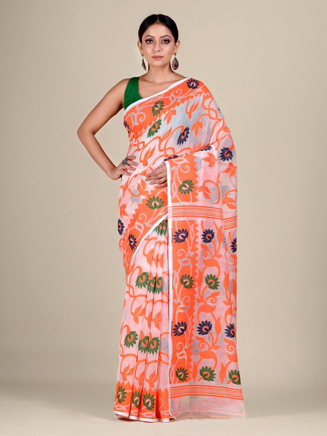 

Mitera Orange & Off White Floral Silk Cotton Jamdani Saree