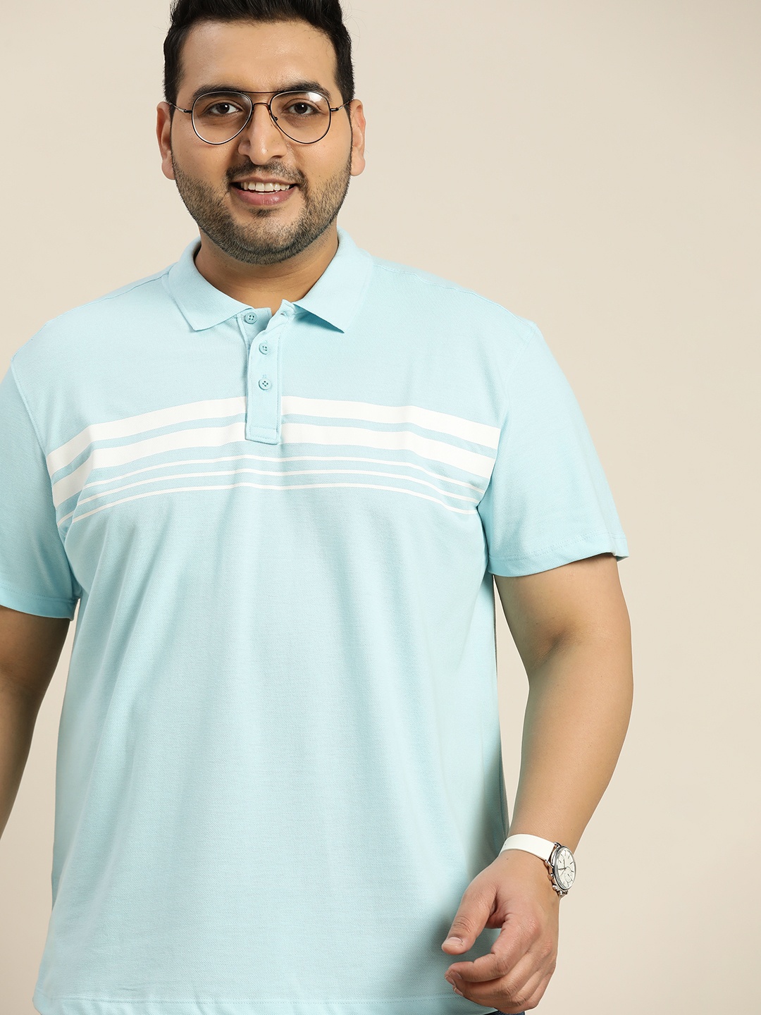 

Sztori Men Plus Size Blue & White Pure Cotton Striped Polo Collar T-shirt