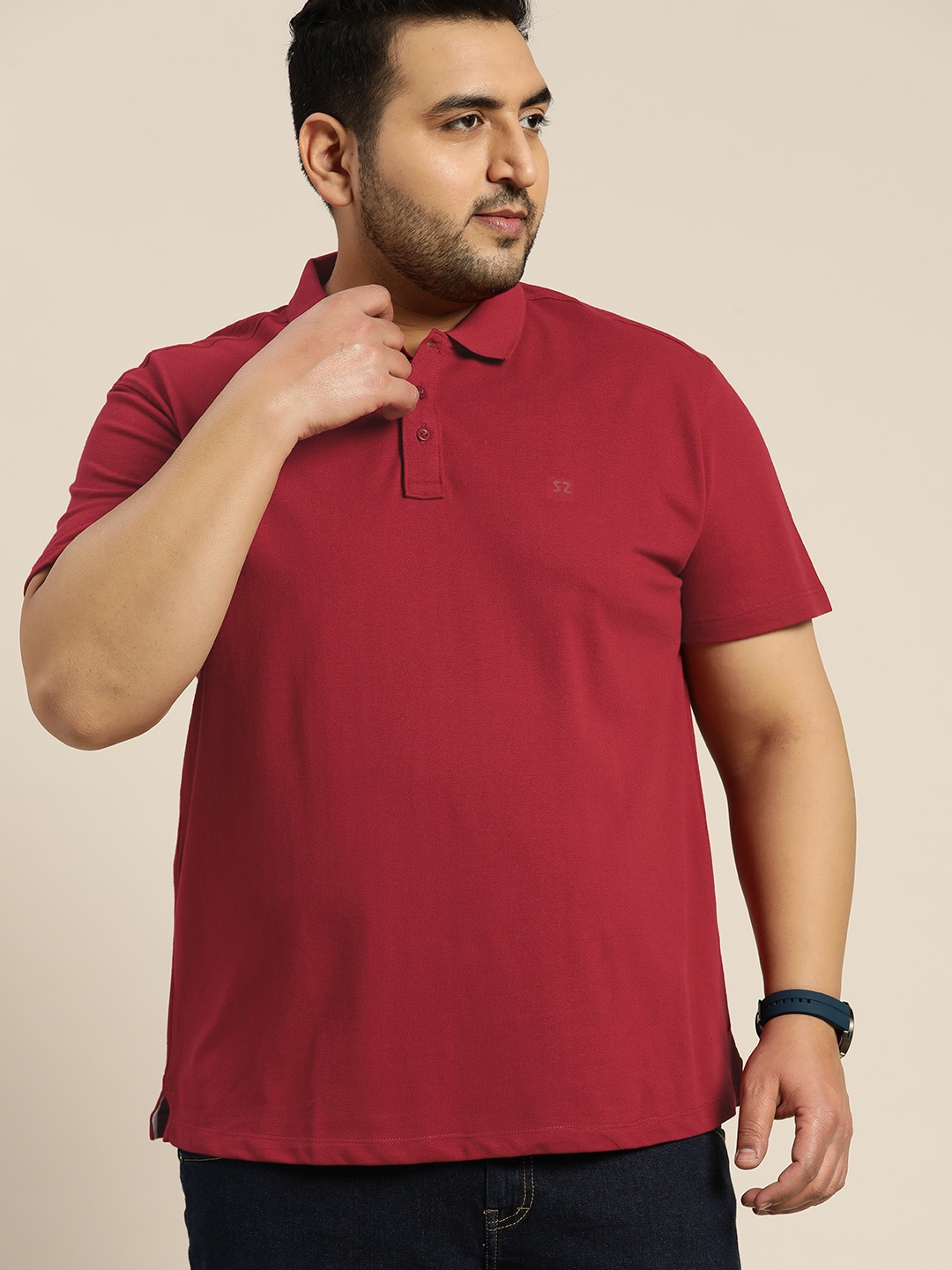 

Sztori Men Plus Size Maroon Solid Polo Collar T-shirt with Mask