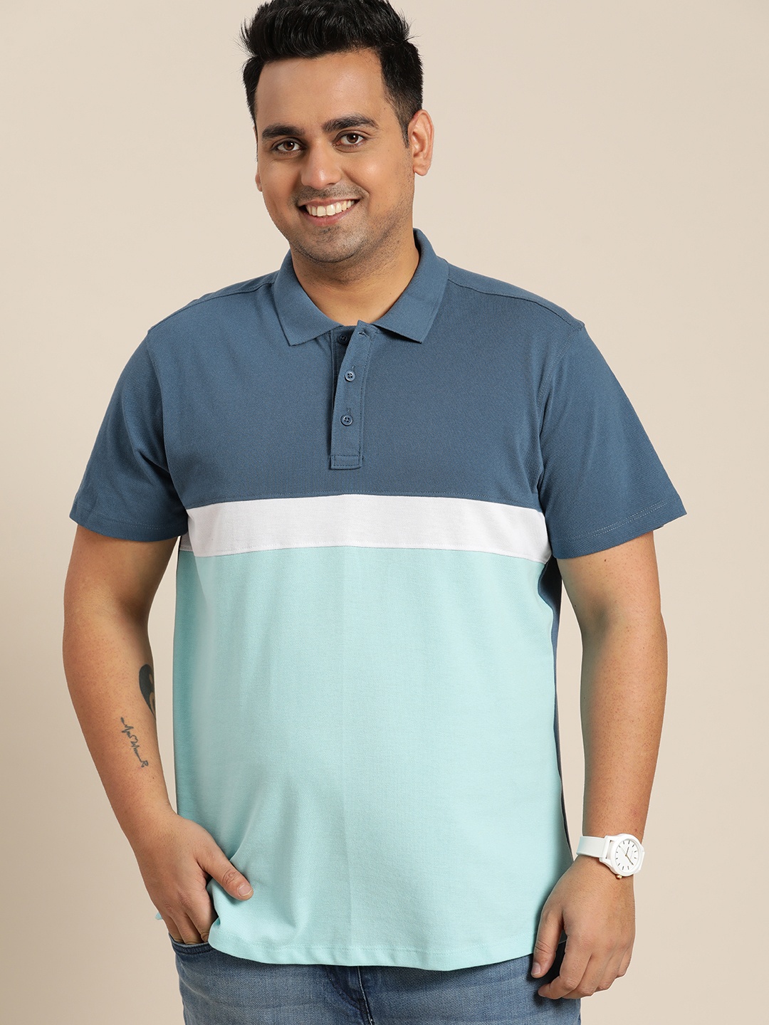 

Sztori Men Plus Size Blue & White Colourblocked Polo Collar T-shirt