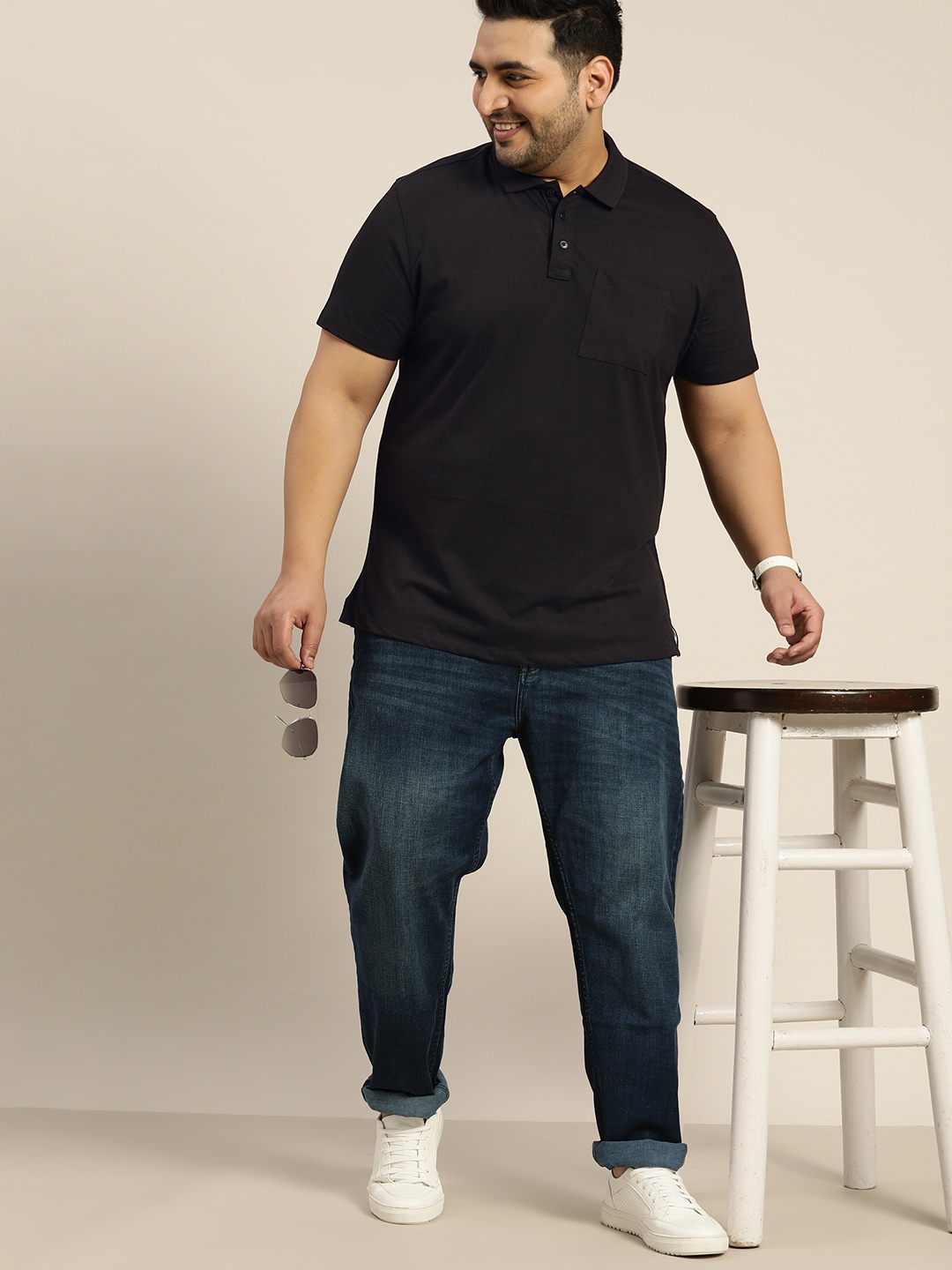 

Sztori Men Plus Size Black Pure Cotton Polo Collar Pocket Detailing T-shirt
