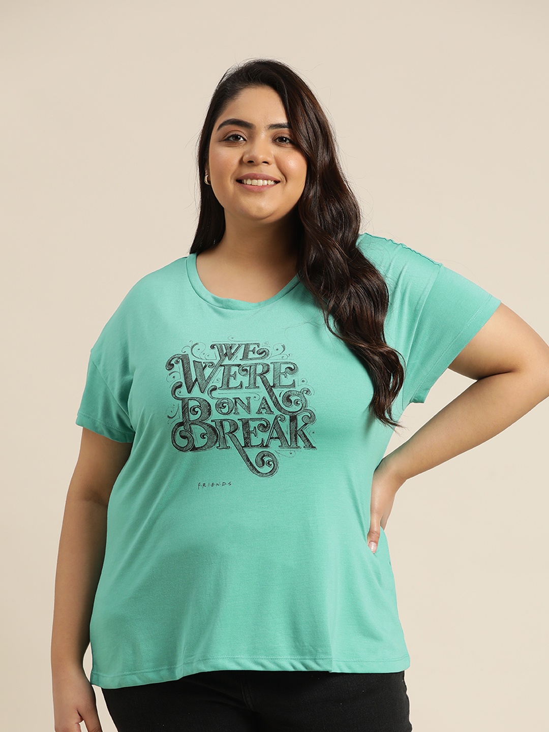 

F R I E N D S By Sztori Women Plus Size Sea Green & Black Typography Printed T-shirt
