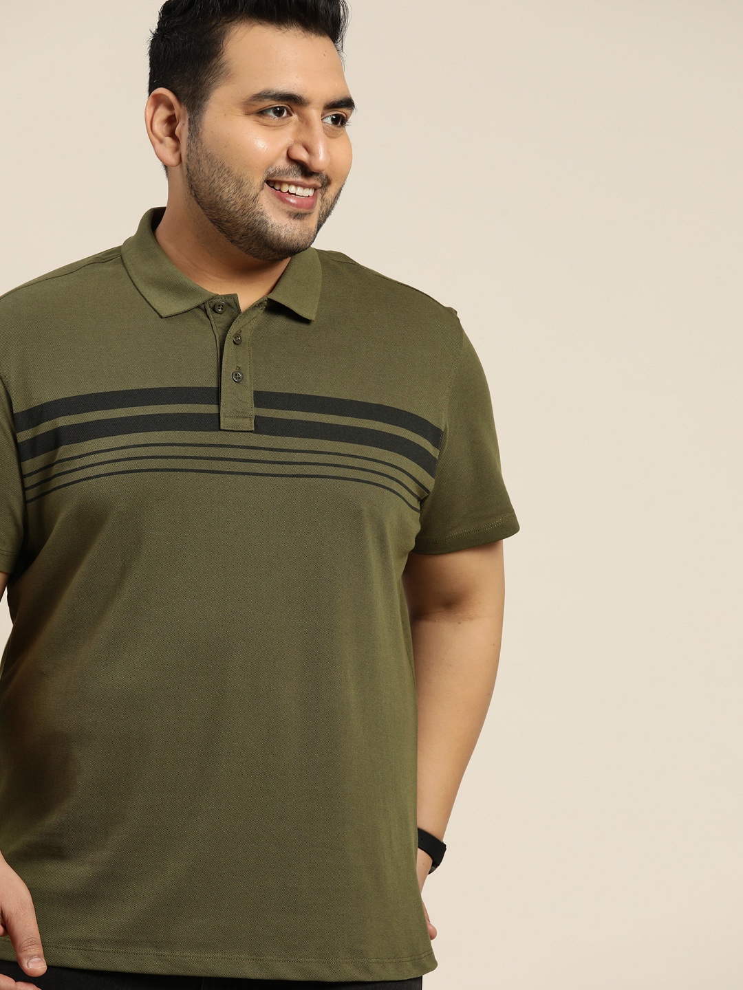 

Sztori Men Plus Size Olive Green & Black Striped Polo Collar T-shirt