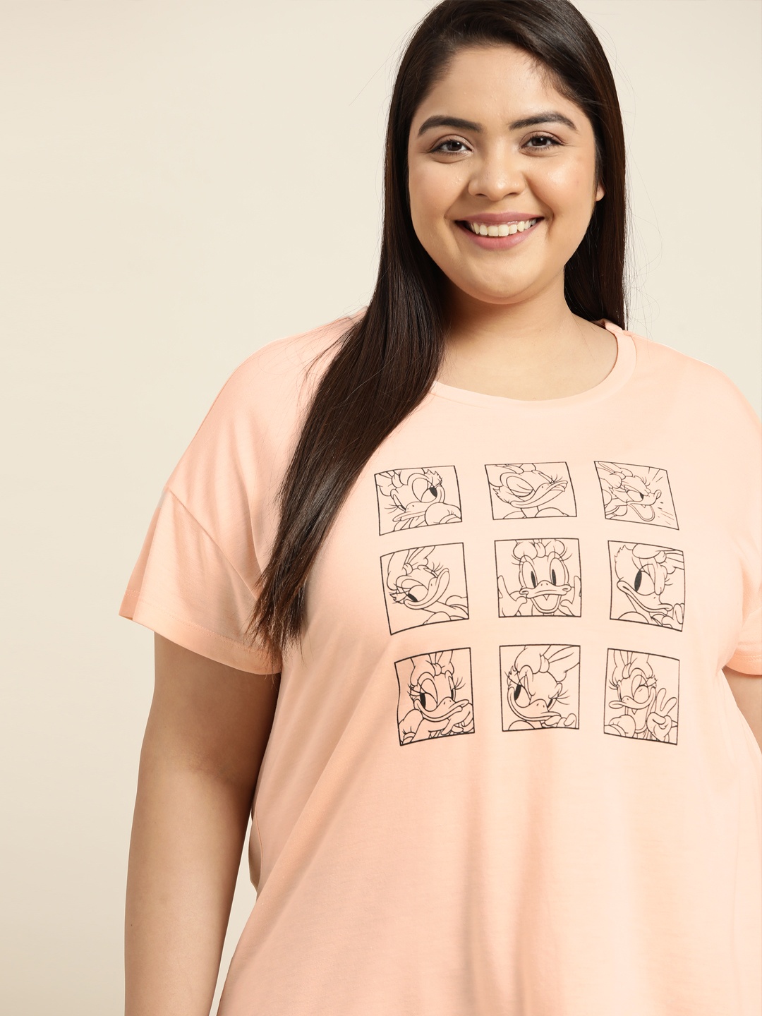 

Sztori Disney Women Plus Size Peach-Coloured & Black Printed T-shirt