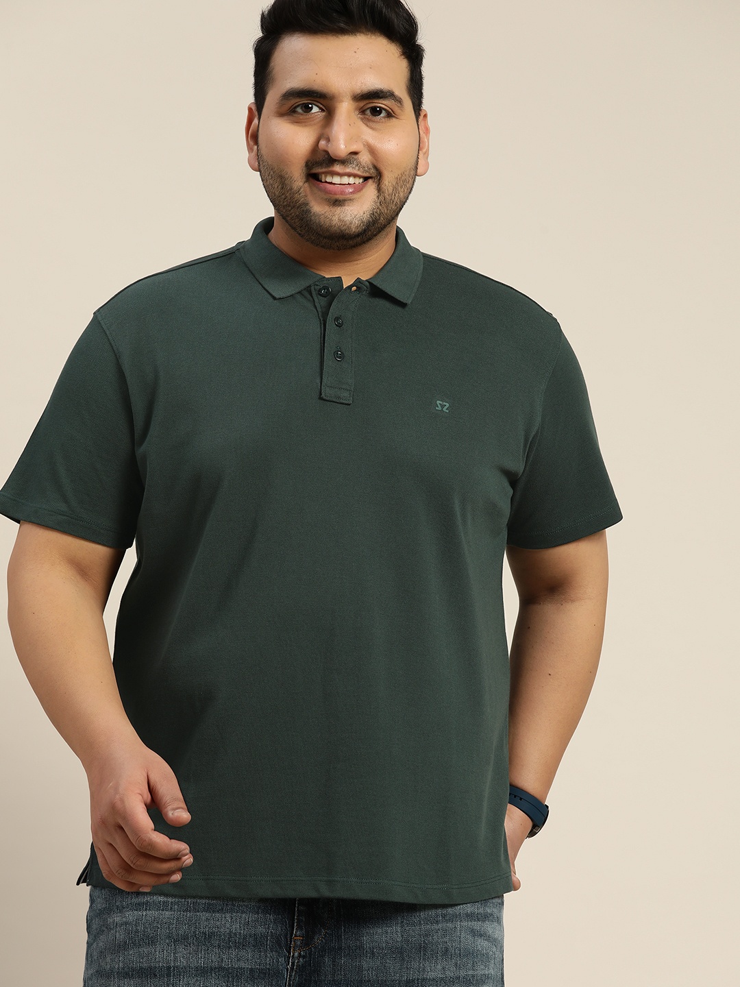 

Sztori Men Plus Size Green Solid Polo Collar T-shirt