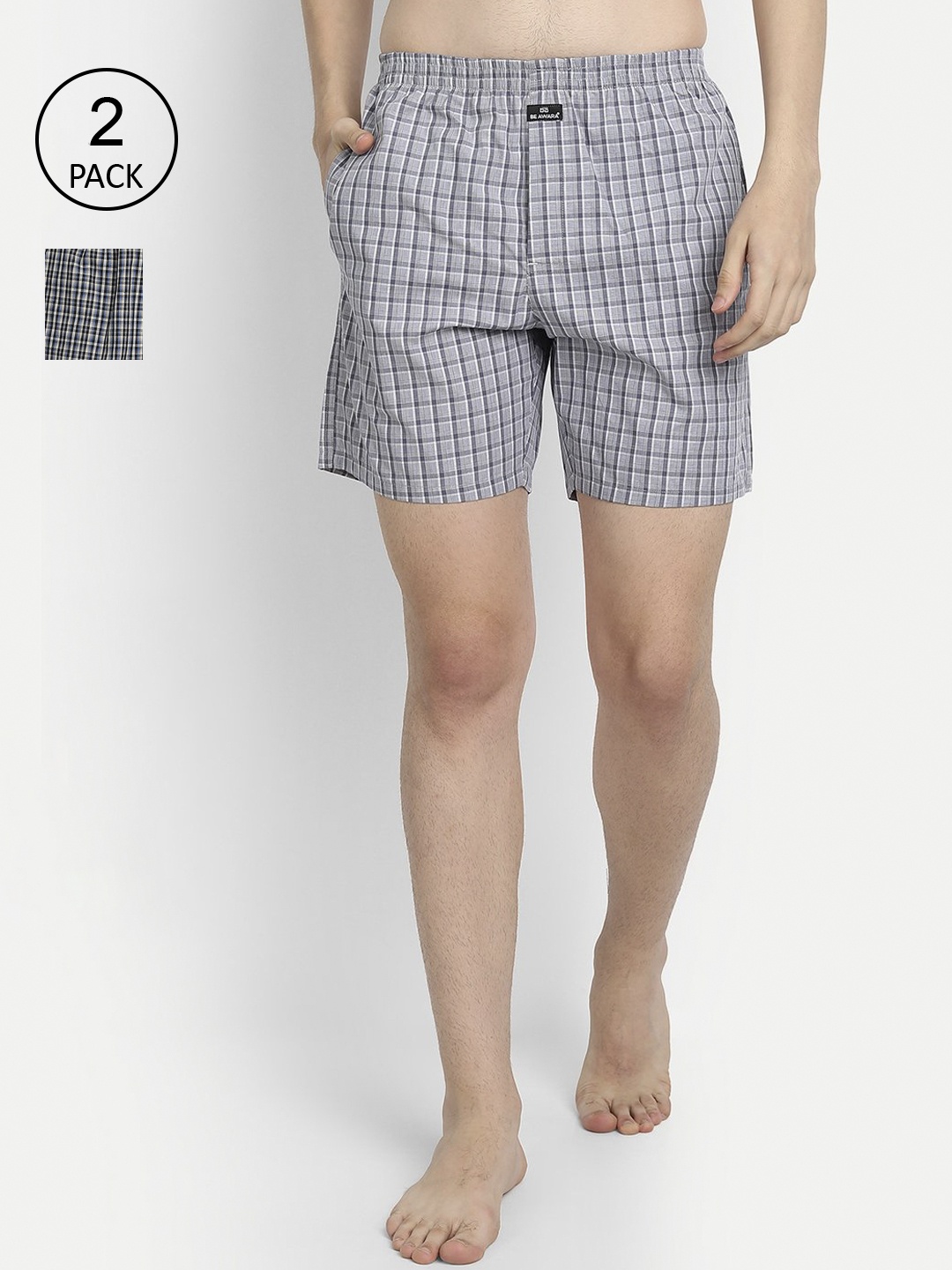 

BE AWARA Men Pack Of 2 Checked Pure Cotton Boxers MBx-01-Combo3-2P, Grey