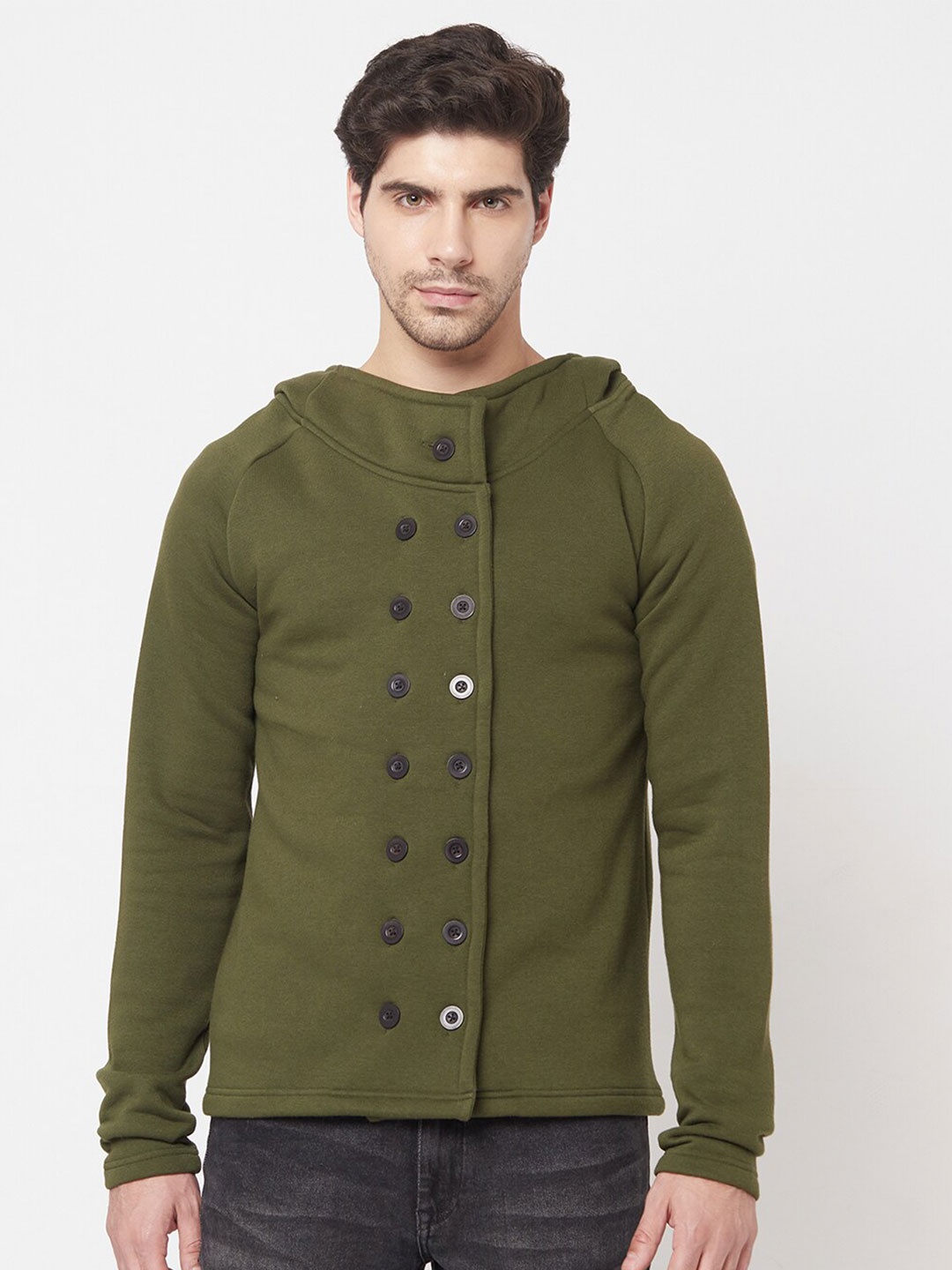 

ELEGANCE Men Olive Green Solid Hooded Sweatshirt
