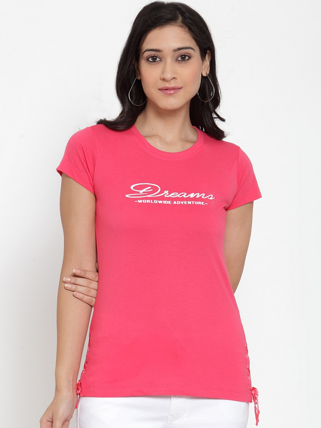 

Crozo By Cantabil Women Pink Typography Printed Slim Fit T-shirt