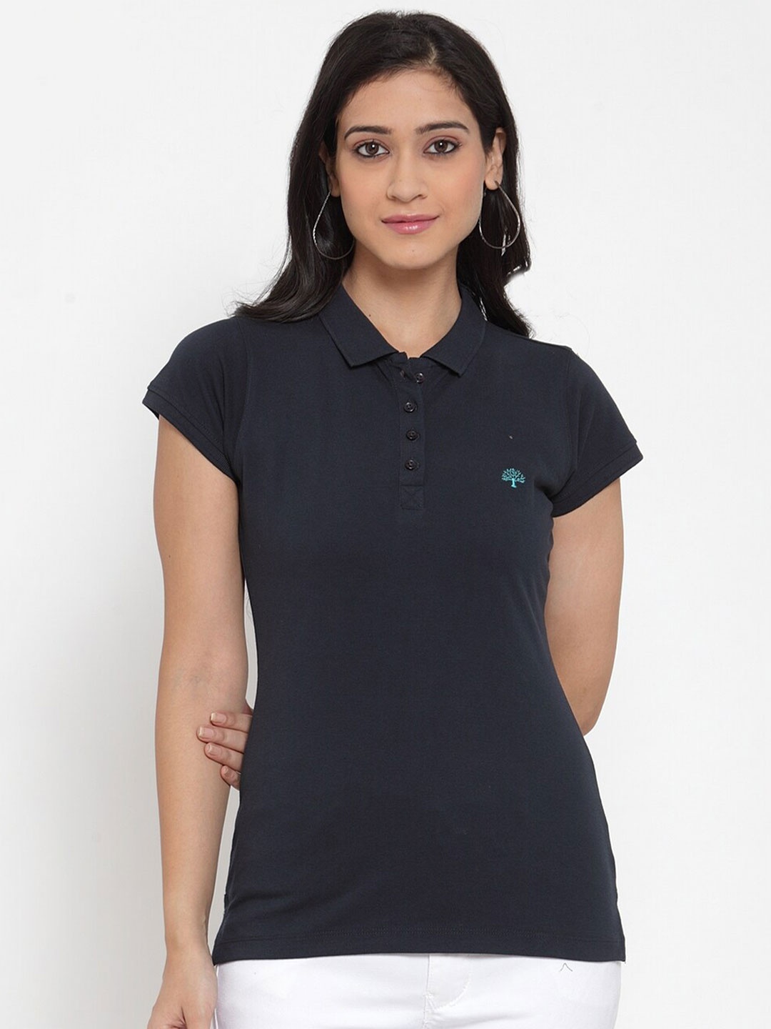 

Crozo By Cantabil Women Navy Blue Polo Collar Slim Fit T-shirt