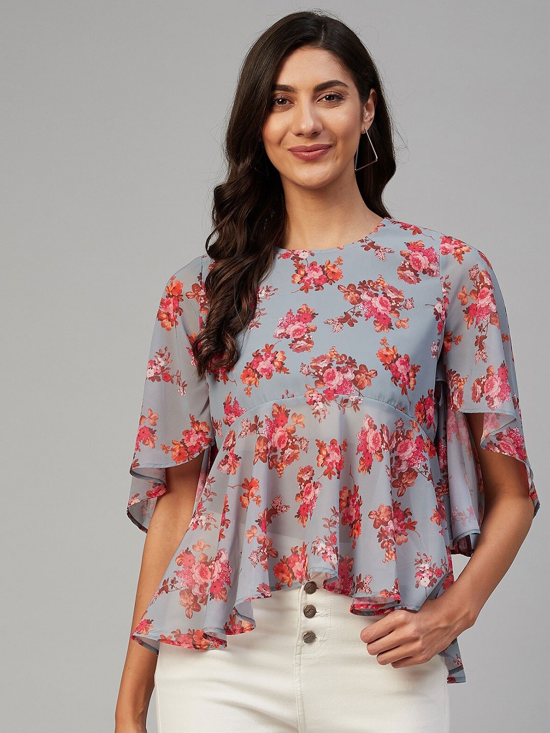 

Orchid Blues Grey Floral Georgette Empire Top