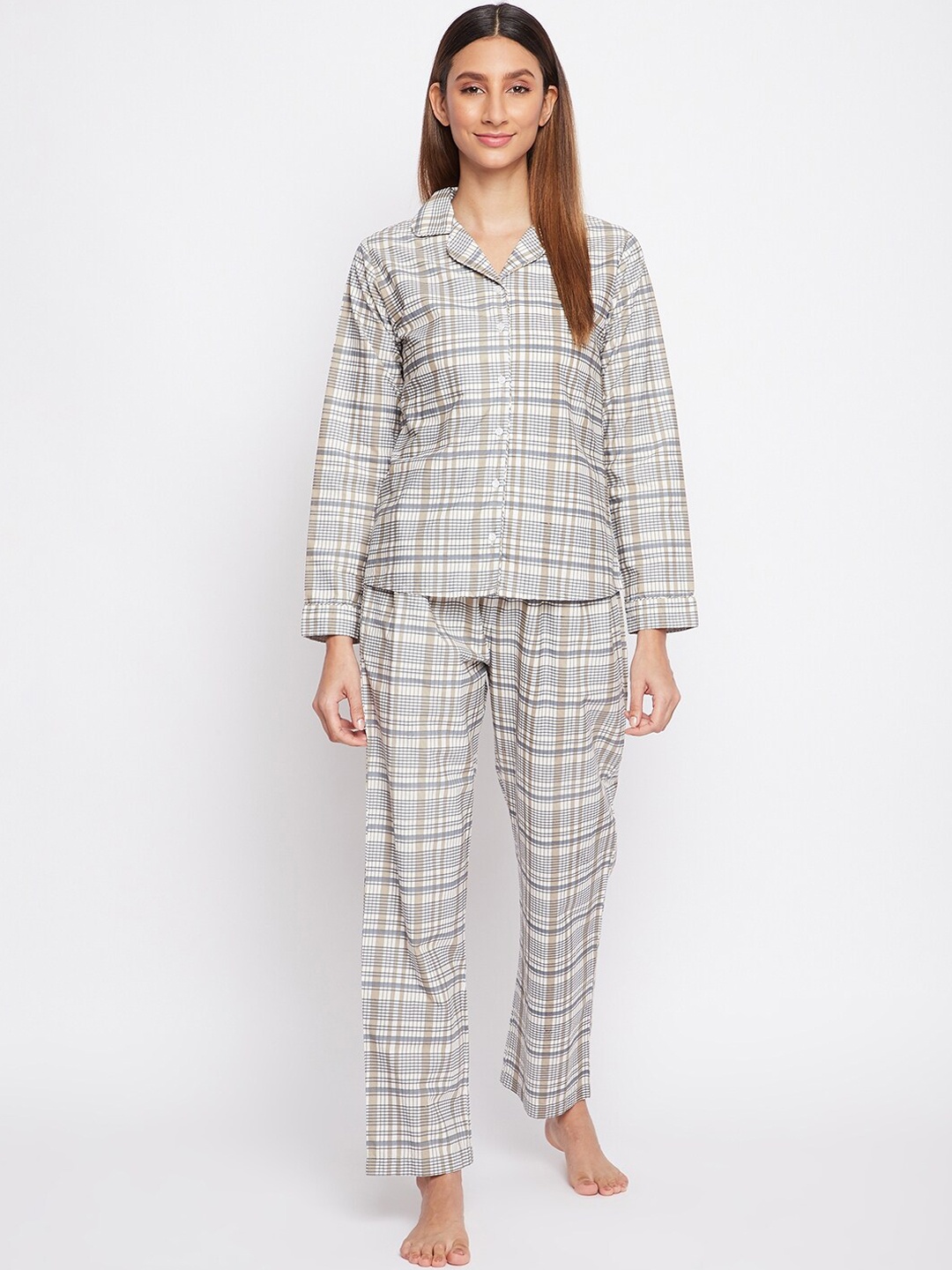

sandy AND ritz Women Grey & Beige Checked Night suit