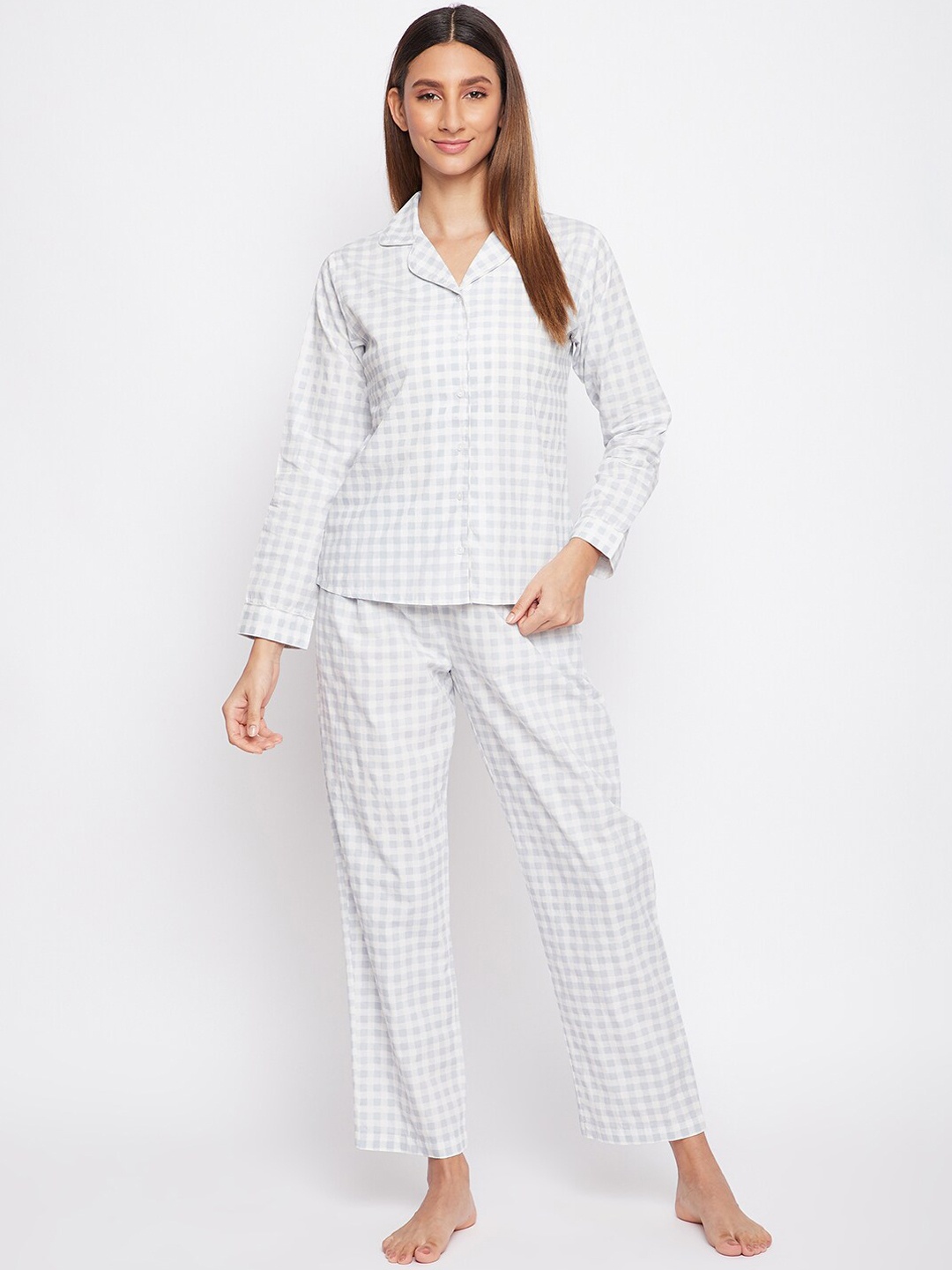 

sandy AND ritz Women White & Grey Pure Cotton Checked Night suit