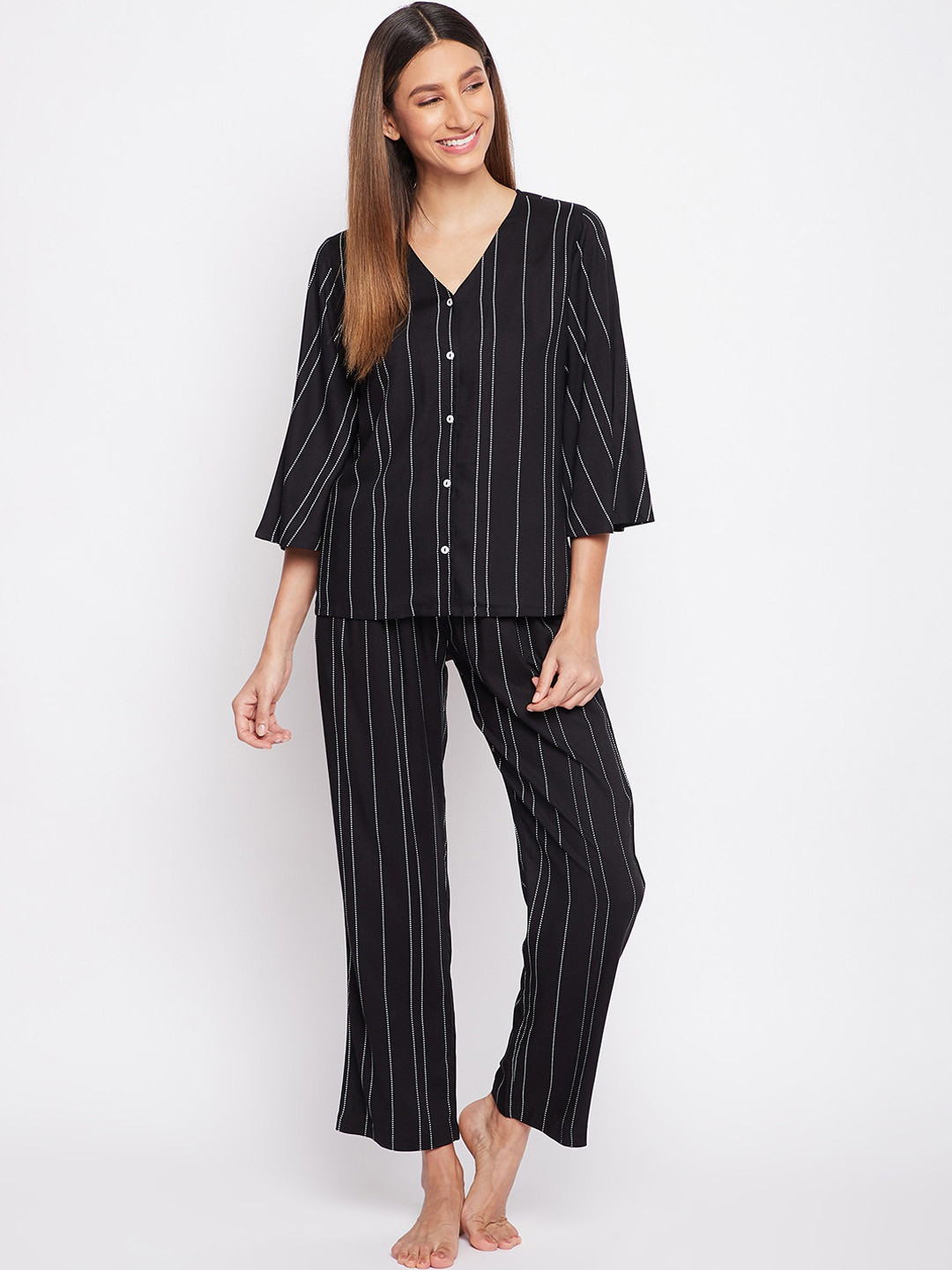 

sandy AND ritz Women Black & White Striped Night suit