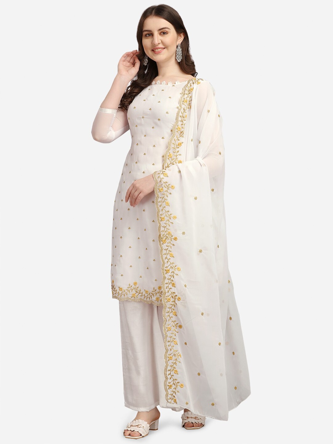 

Ethnic Junction White & Gold-Toned Embroidered Unstitched Dress Material