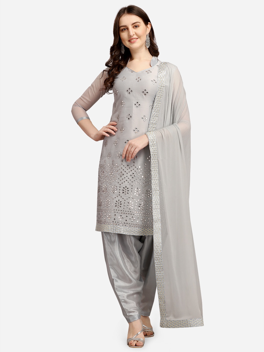 

Ethnic Junction Grey & Silver-Toned Embellished Unstitched Dress Material