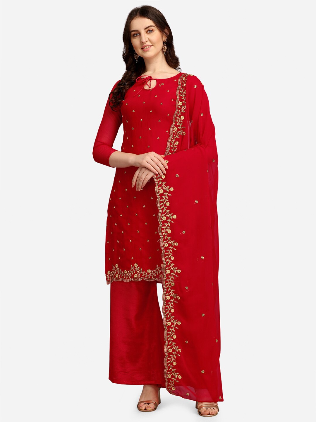

Ethnic Junction Red & Gold-Toned Embroidered Unstitched Dress Material