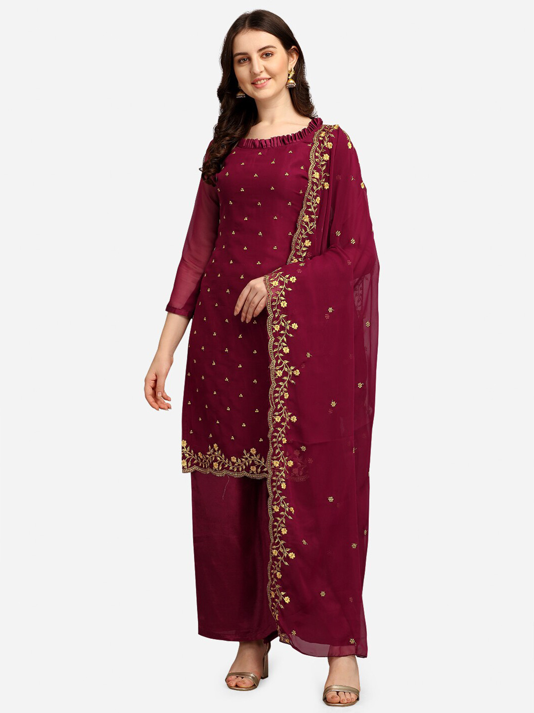 

Ethnic Junction Burgundy & Gold-Toned Embroidered Unstitched Dress Material