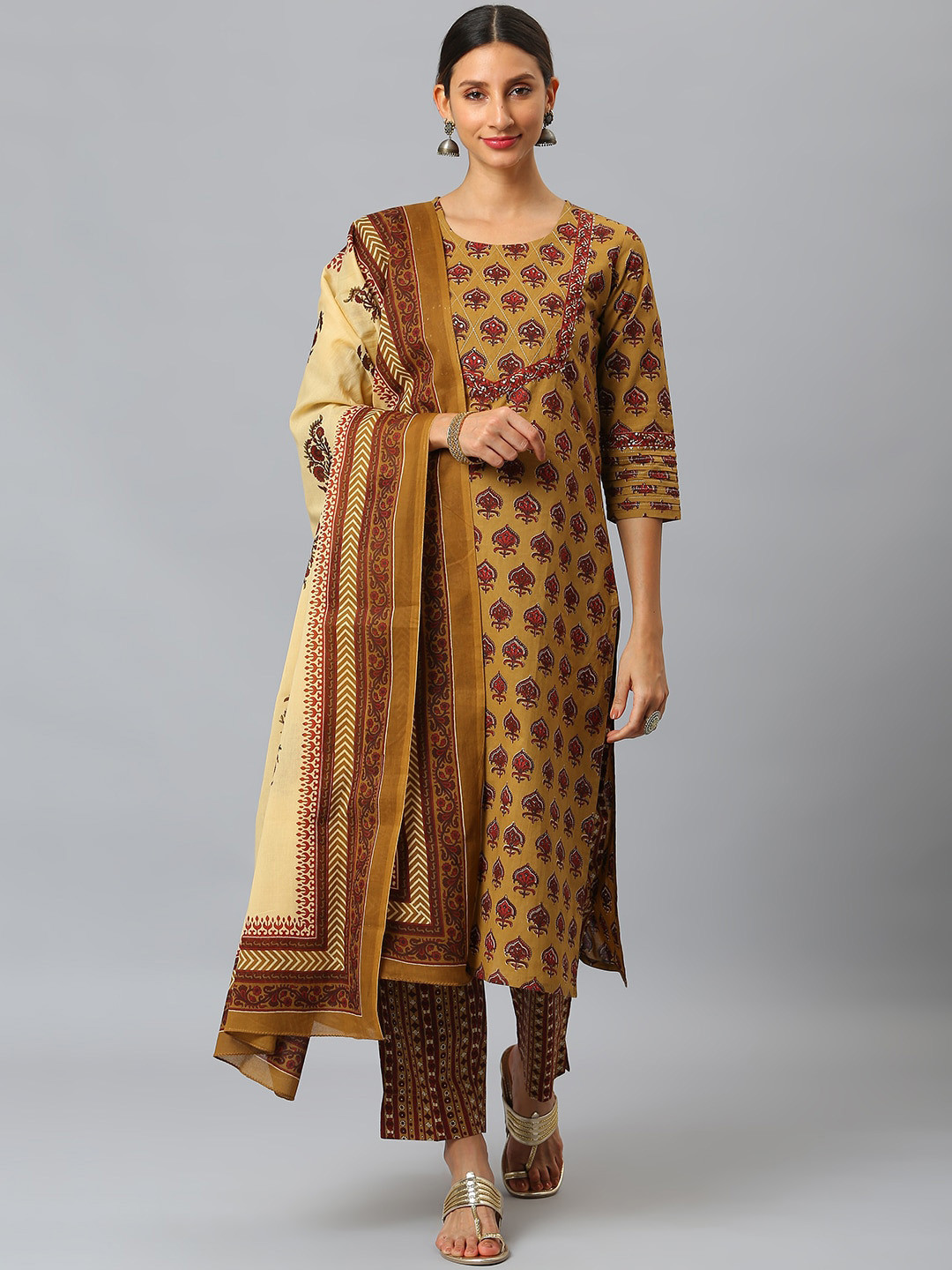 

SIAH Women Mustard Yellow Ethnic Motifs Printed Regular Sequinned Pure Cotton Kurta with Trousers & With