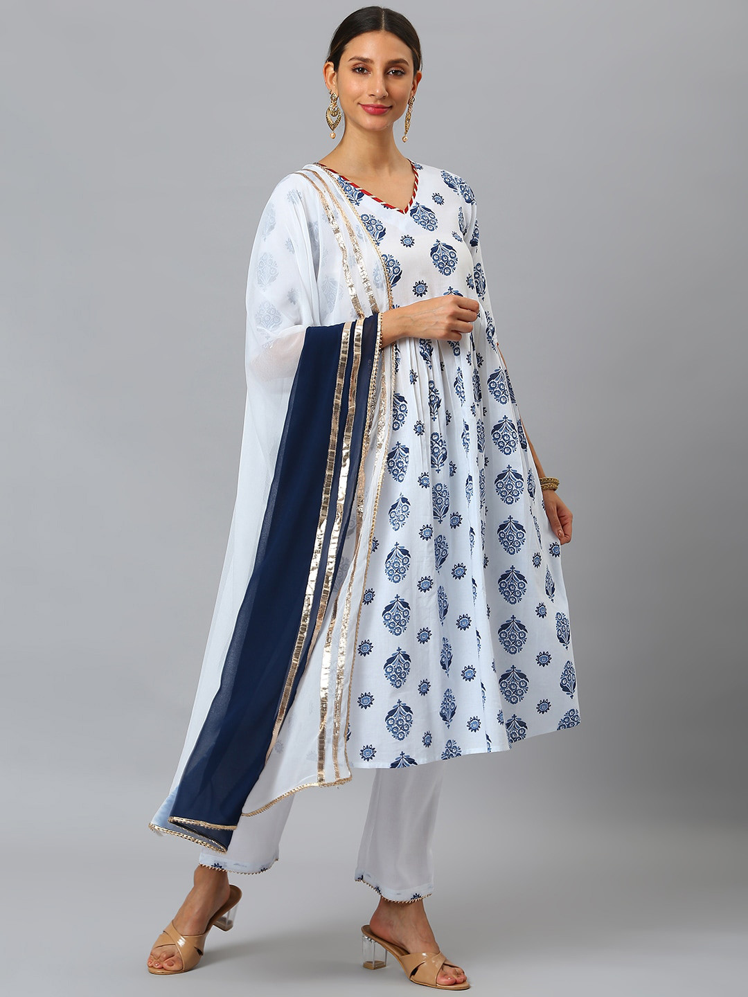 

SIAH Women White Ethnic Motifs Embroidered Empire Pure Cotton Kurta with Trousers & With Dupatta