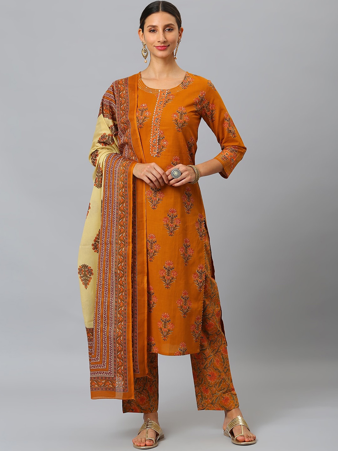 

SIAH Women Mustard Yellow Regular Sequinned Pure Cotton Kurta with Trousers & With Dupatta