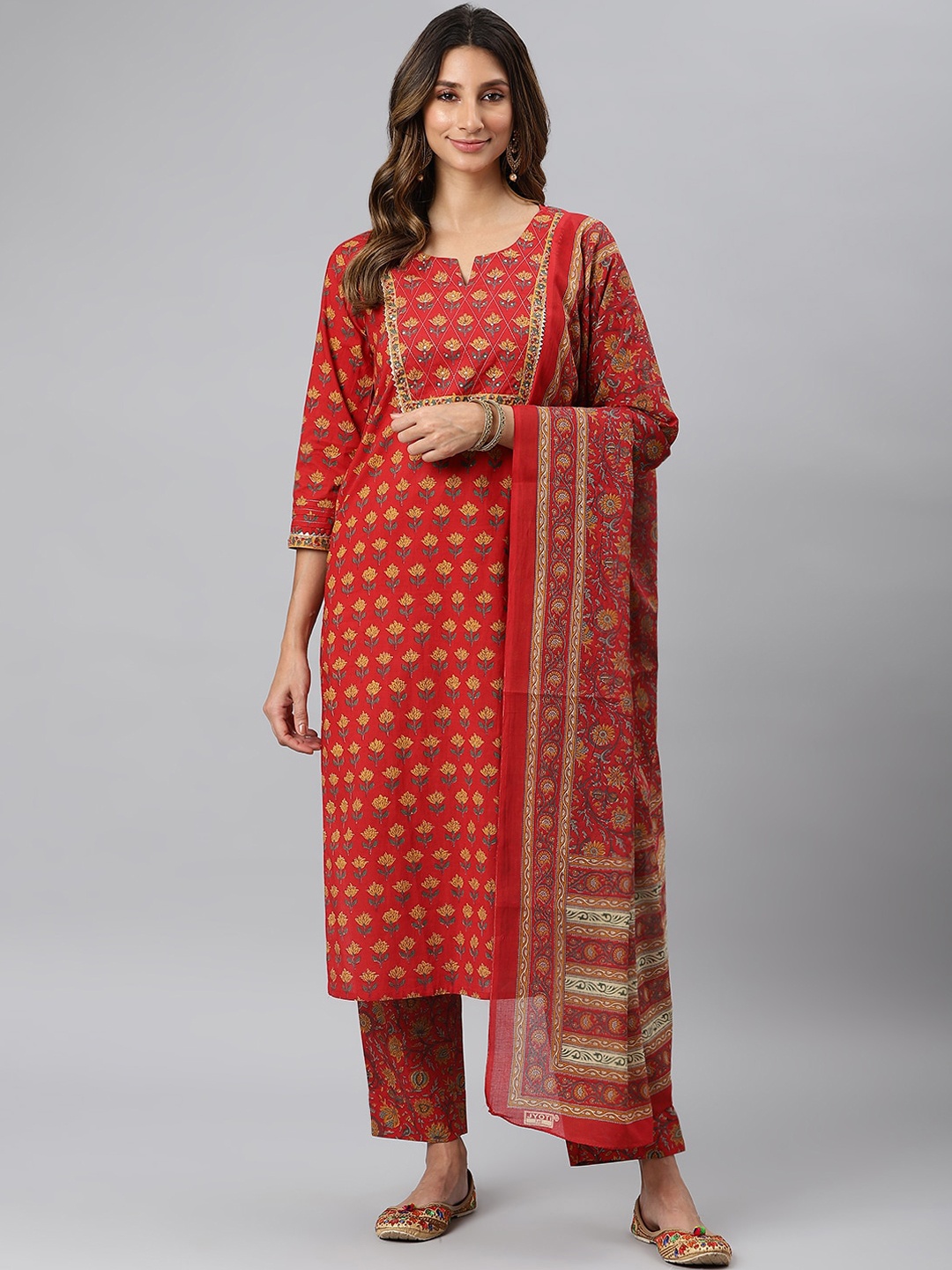 

SIAH Women Red & Mustard Floral Printed Pure Cotton Kurta With Trousers & Dupatta