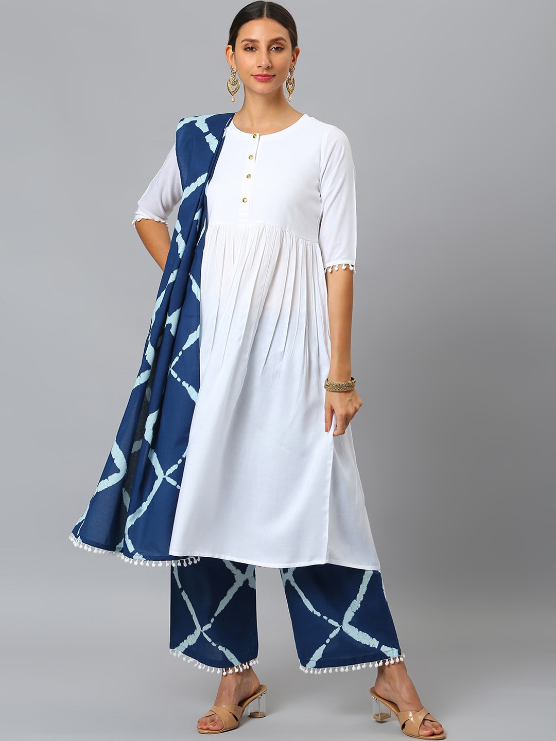 

SIAH Women White & Blue Pleated Kurta With Palazzos & Dupatta