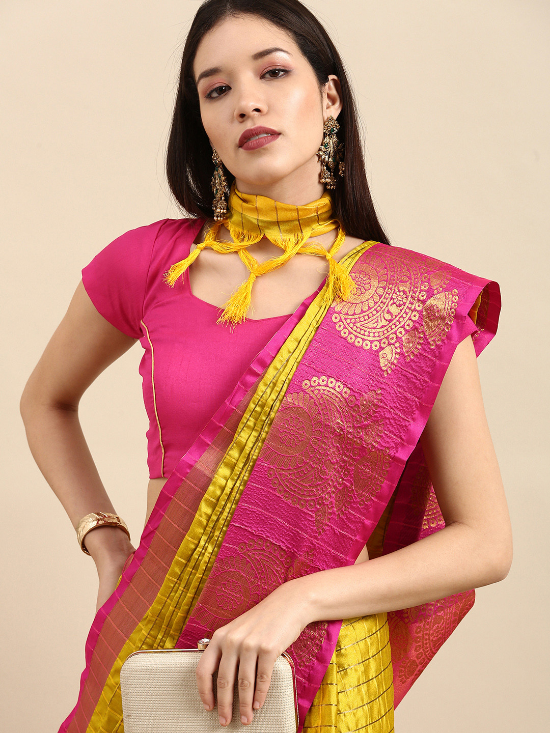 

Anouk Yellow & Pink Woven Design Pure Silk Kanjeevaram Saree