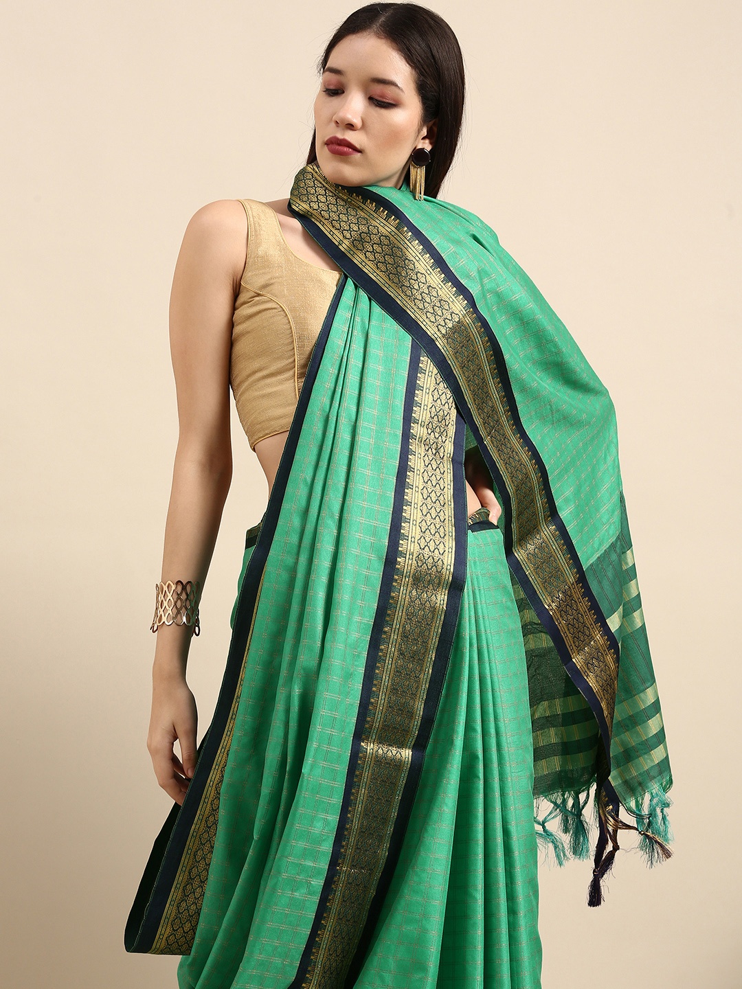 

Anouk Sea Green & Navy Blue Woven Design Pure Silk Banarasi Saree