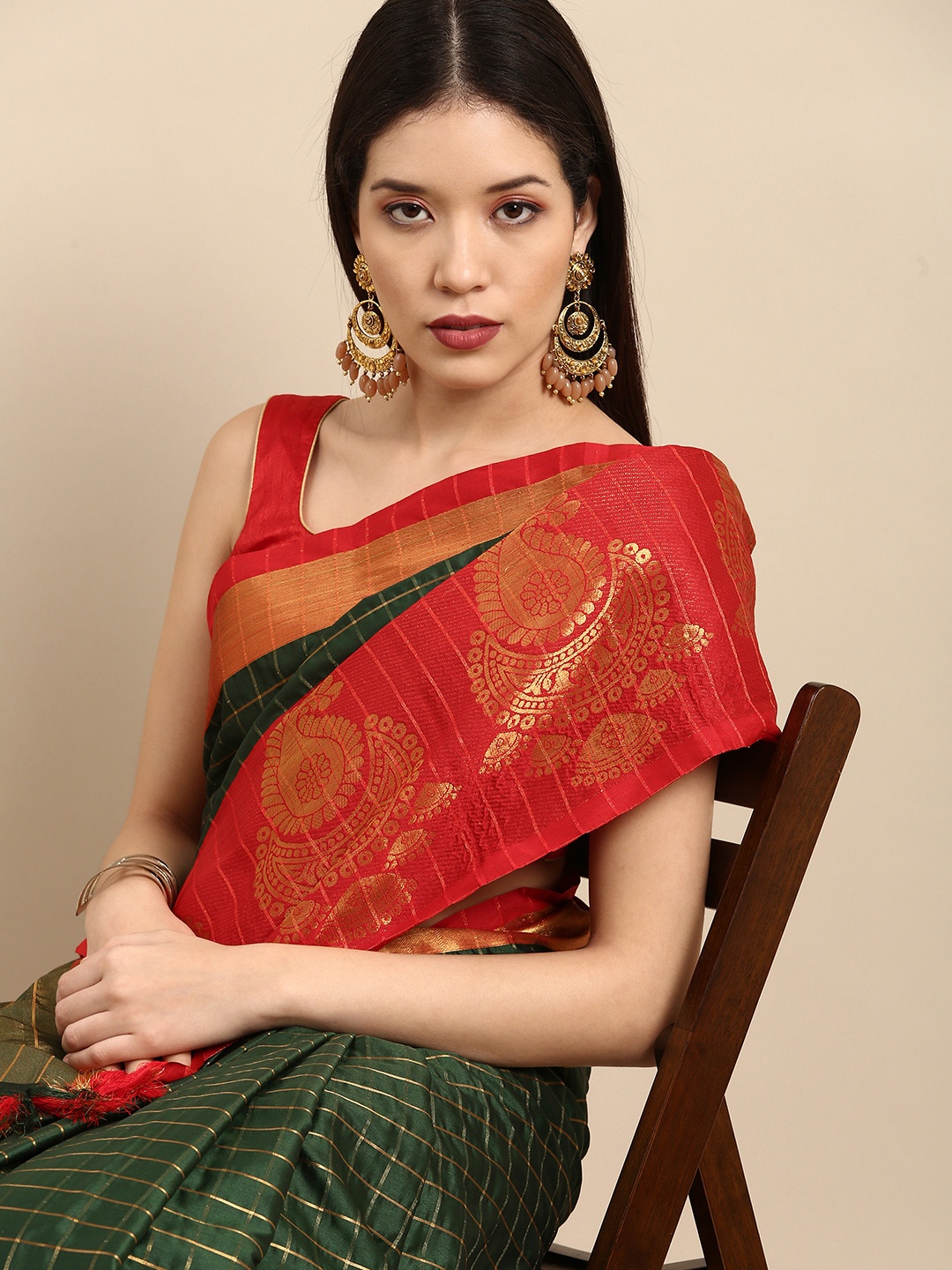 

Anouk Green & Red Woven Design Pure Silk Kanjeevaram Saree
