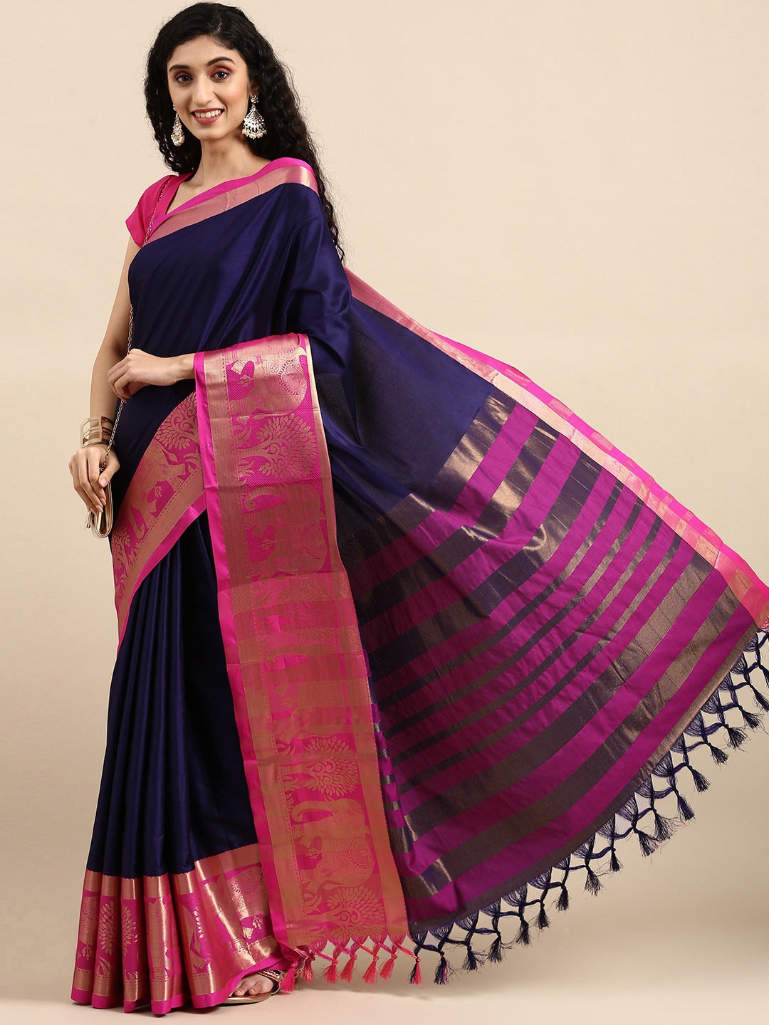 

Anouk Navy Blue & Pink Woven Design Pure Silk Kanjeevaram Saree