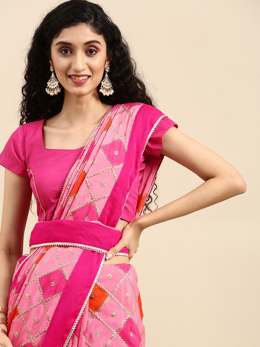 

Anouk Pink & Orange Embellished Sequinned Pure Chiffon Belted Bhagalpuri Saree