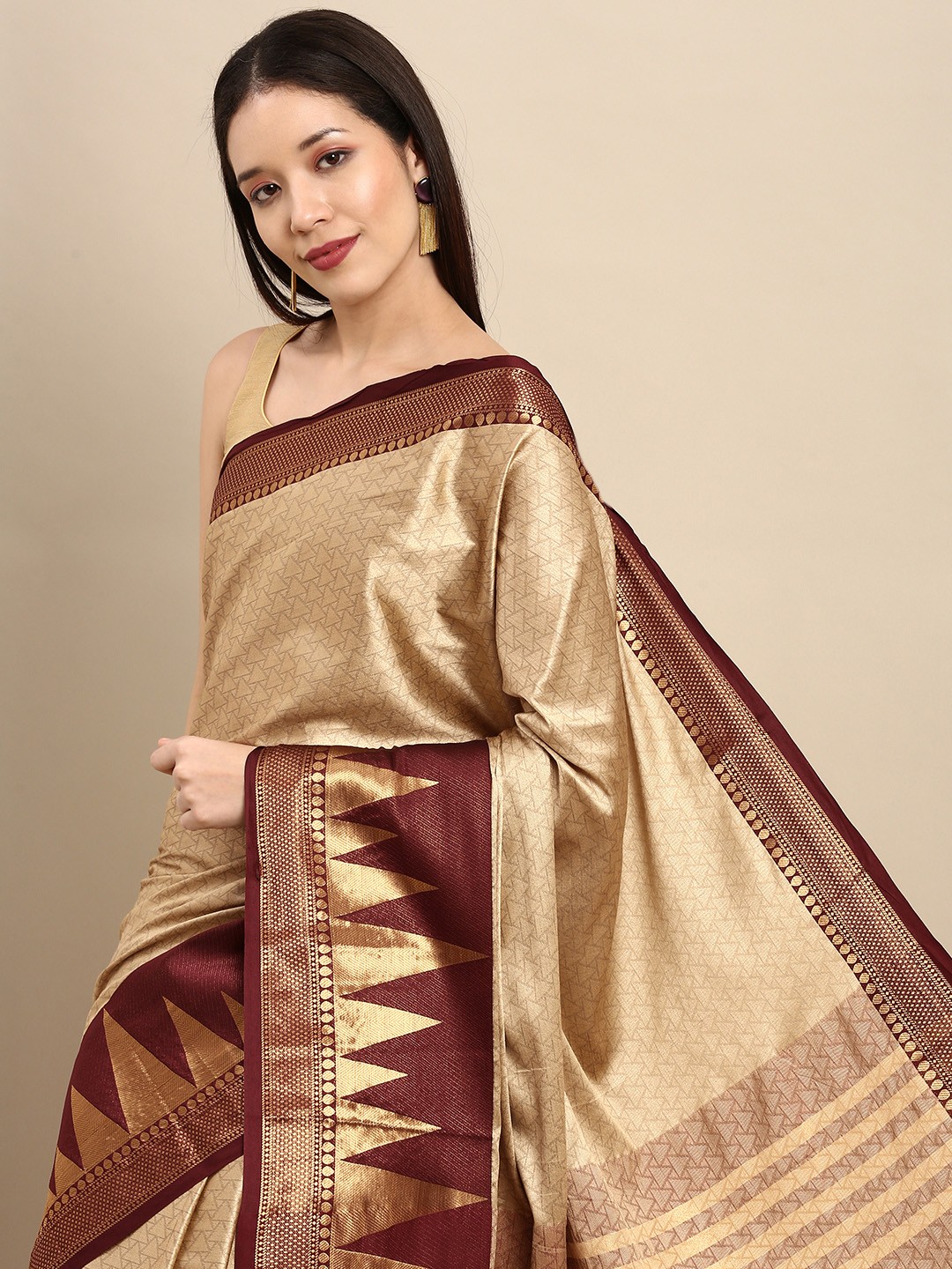 

Anouk Beige & Maroon Woven Design Pure Silk Kanjeevaram Saree