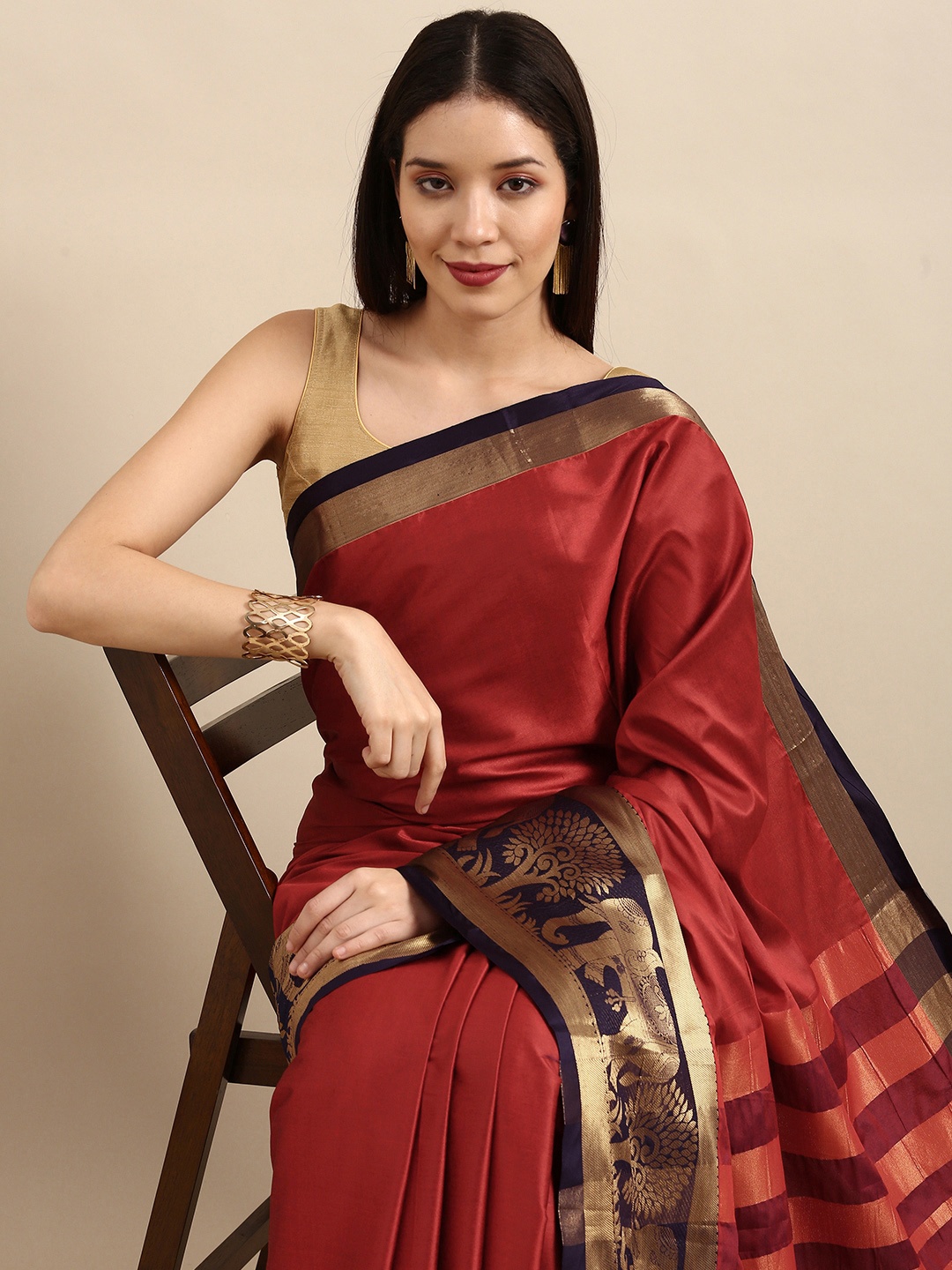 

Anouk Maroon & Navy Blue Woven Design Pure Silk Kanjeevaram Saree