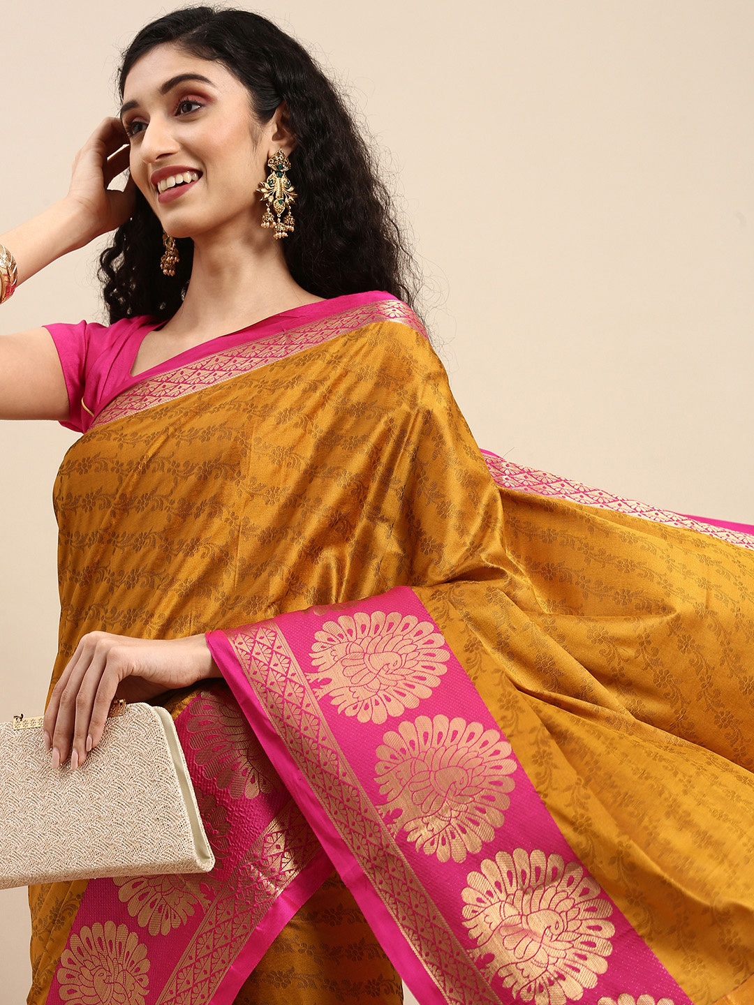 

Anouk Mustard & Pink Woven Design Pure Silk Kanjeevaram Saree