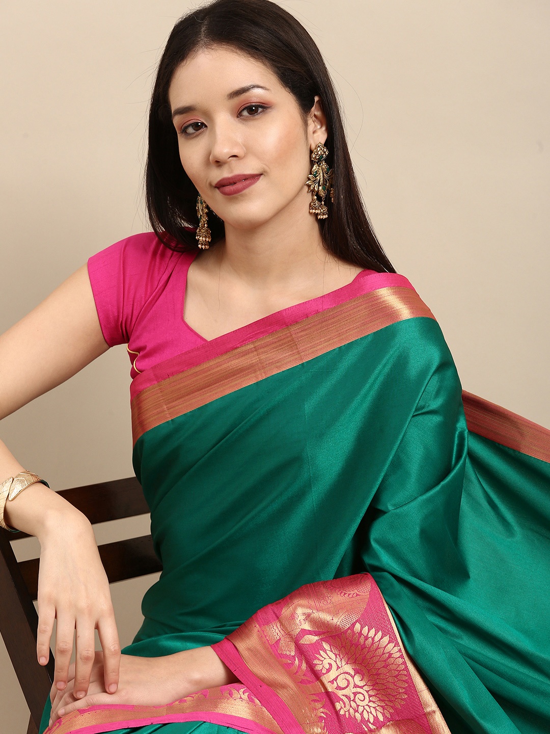 

Anouk Green & Pink Woven Design Pure Silk Kanjeevaram Saree