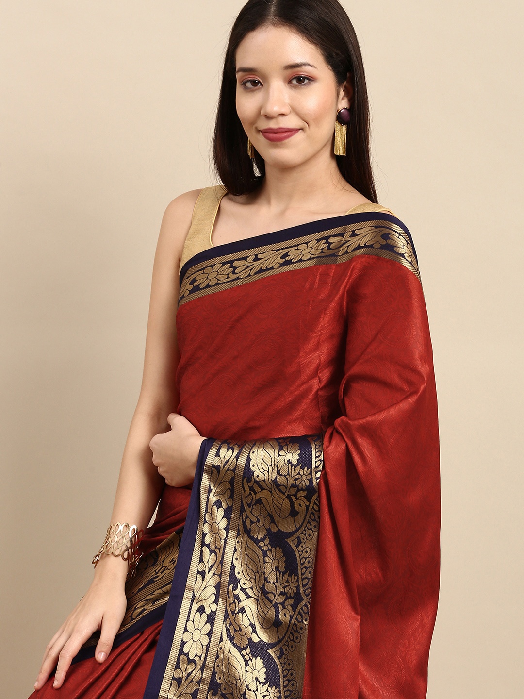 

Anouk Maroon & Navy Blue Woven Design Pure Silk Banarasi Saree