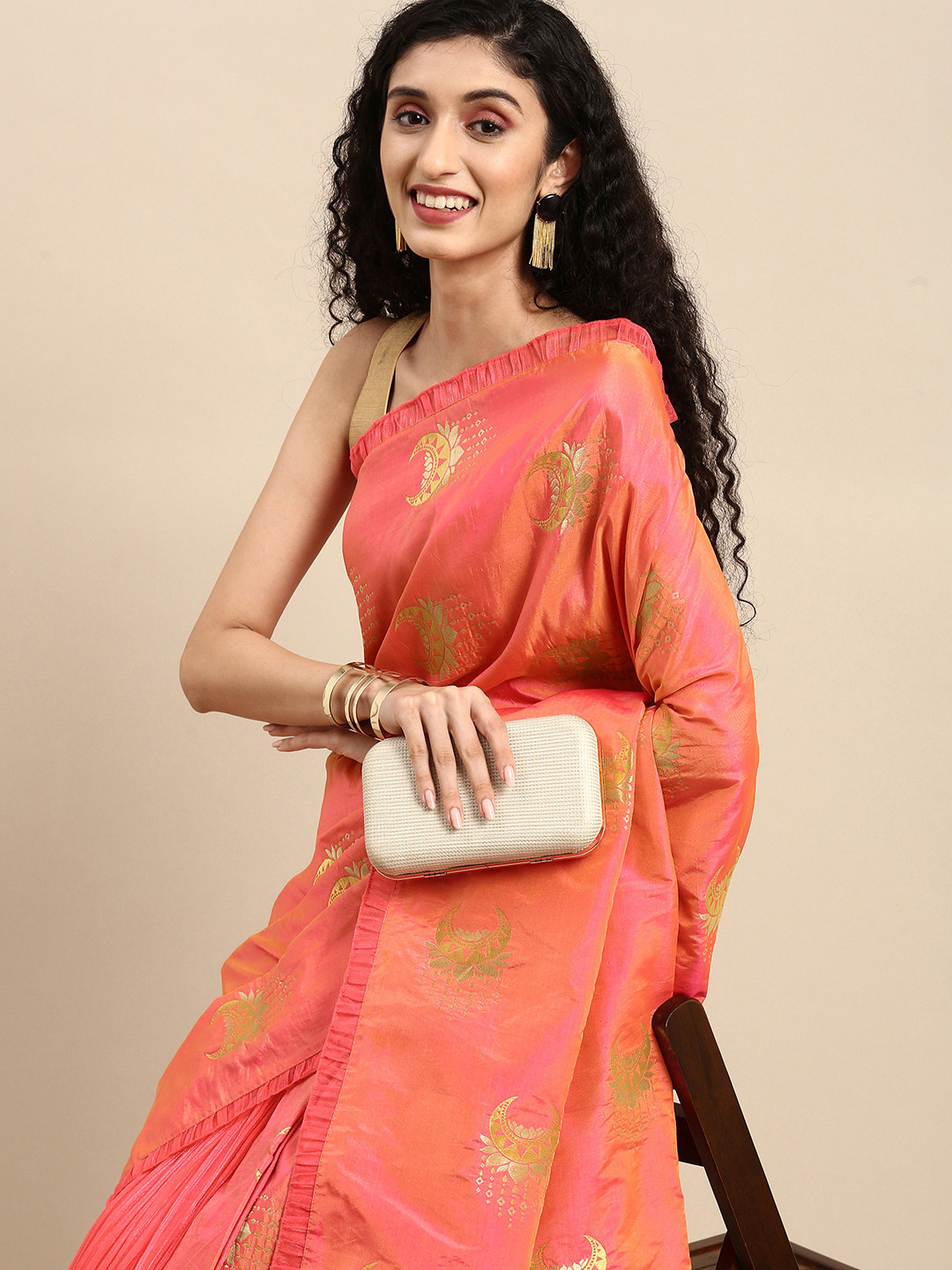 

Anouk Peach-Coloured Woven Design Patchwork Poly Silk Fusion Bhagalpuri Saree