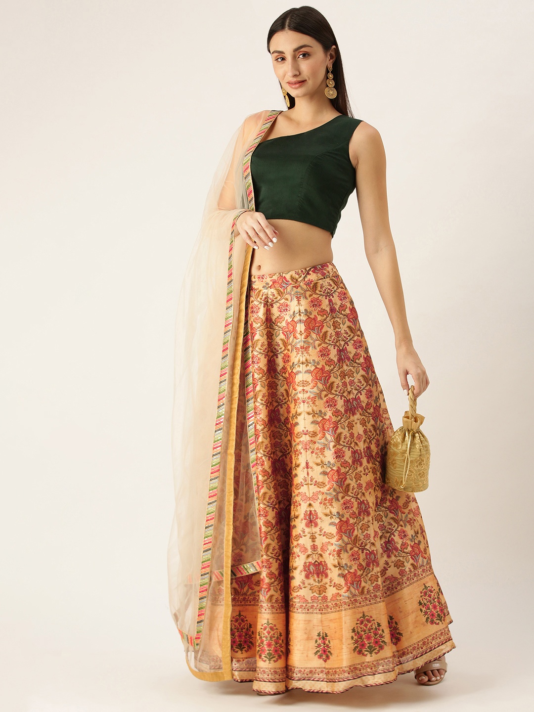 

Ethnovog Green Beige Made to Measure Lehenga Blouse With Dupatta